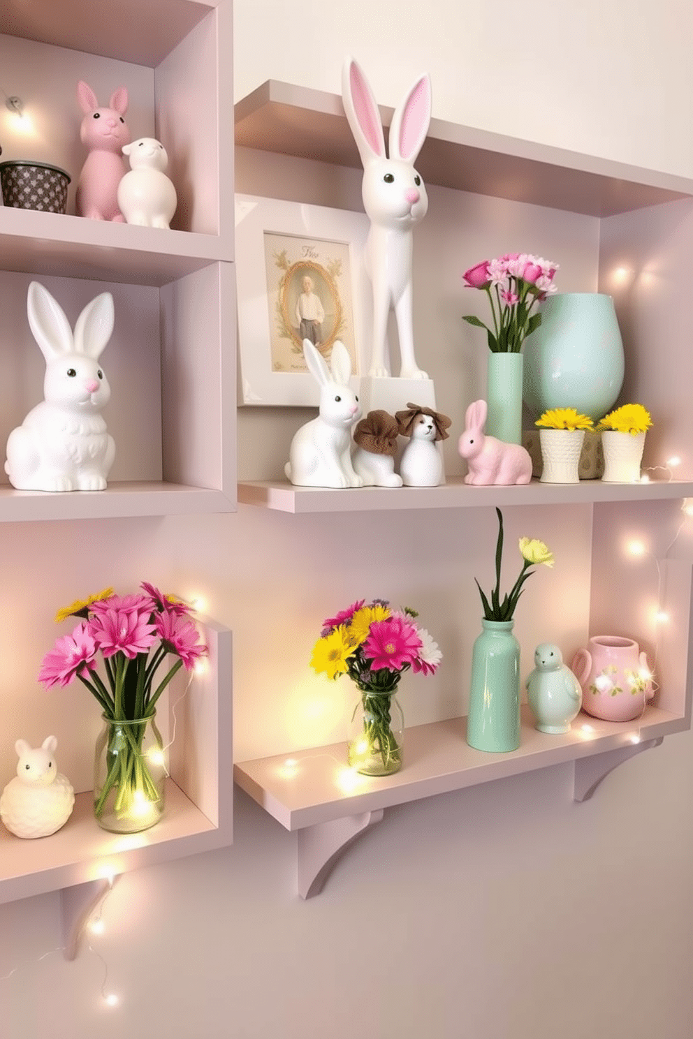 A charming spring-themed wall shelf arrangement features pastel-colored decorative items, including ceramic bunnies and vibrant floral arrangements in small vases. The shelves are adorned with twinkling fairy lights, adding a warm glow to the space and creating a festive atmosphere for Easter celebrations.