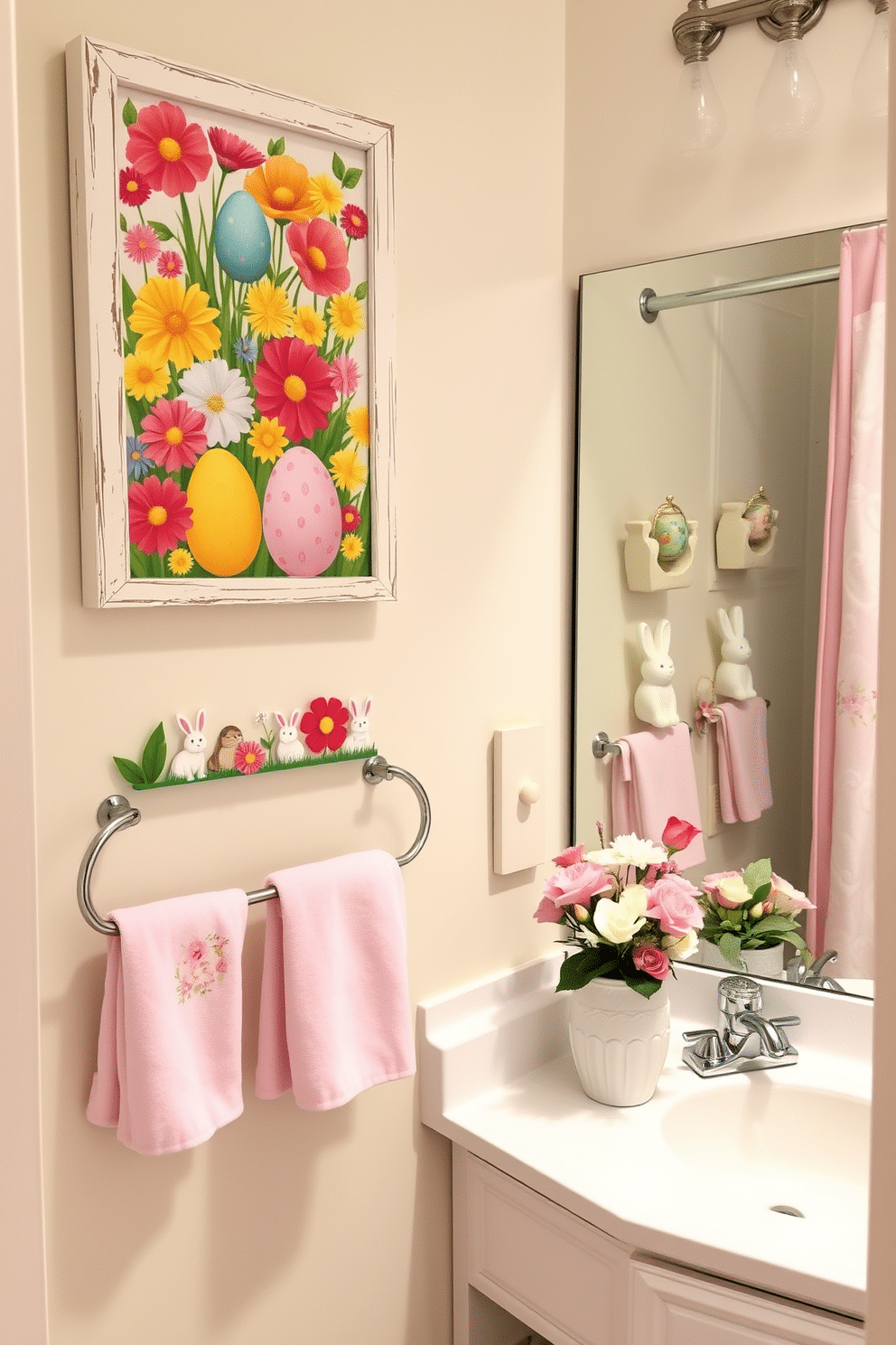 A vibrant and cheerful Easter-themed wall art display featuring an array of colorful flowers, decorated eggs, and whimsical bunnies. The artwork is framed in a rustic white wooden frame, enhancing the festive atmosphere of the room. Incorporate pastel-colored decorations throughout the bathroom, such as a soft pink shower curtain with floral patterns and matching towels. Add small decorative elements like Easter-themed soap dispensers and a centerpiece with fresh flowers on the vanity to complete the look.