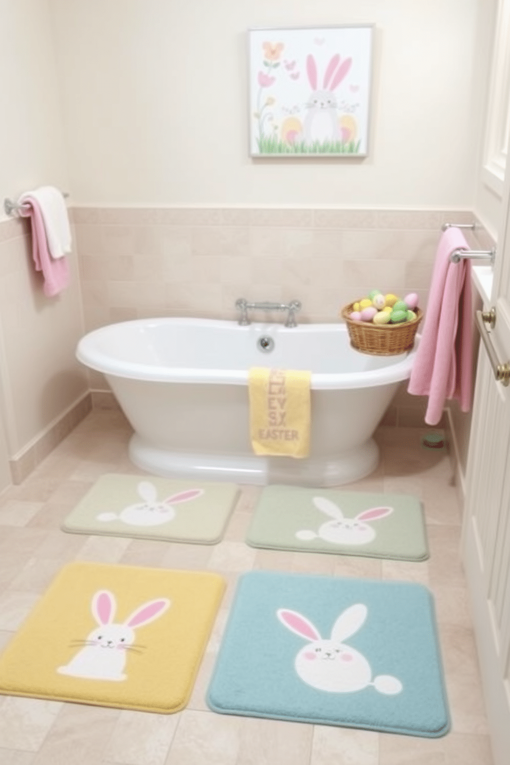 A charming bathroom setting adorned with Easter-themed bath rugs featuring pastel colors and playful bunny designs. The rugs are placed in front of a white freestanding tub, complemented by soft, fluffy towels in coordinating hues hanging on a nearby rack. On the countertop, a decorative basket filled with colorful Easter eggs adds a festive touch. Above the tub, a cheerful wall art piece depicting spring flowers and bunnies enhances the seasonal ambiance.