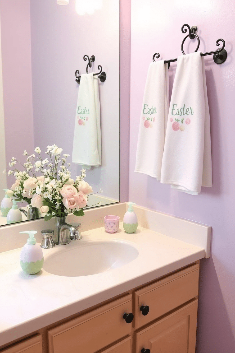 A charming Easter-themed bathroom features playful egg-shaped soap dispensers in pastel colors, adding a whimsical touch to the space. The countertop is adorned with a delicate floral arrangement, complementing the festive decor and creating a cheerful atmosphere. The walls are painted in a soft lavender hue, enhancing the lightness of the room. Decorative towels with subtle Easter motifs hang from the towel rack, completing the seasonal look while maintaining an elegant aesthetic.