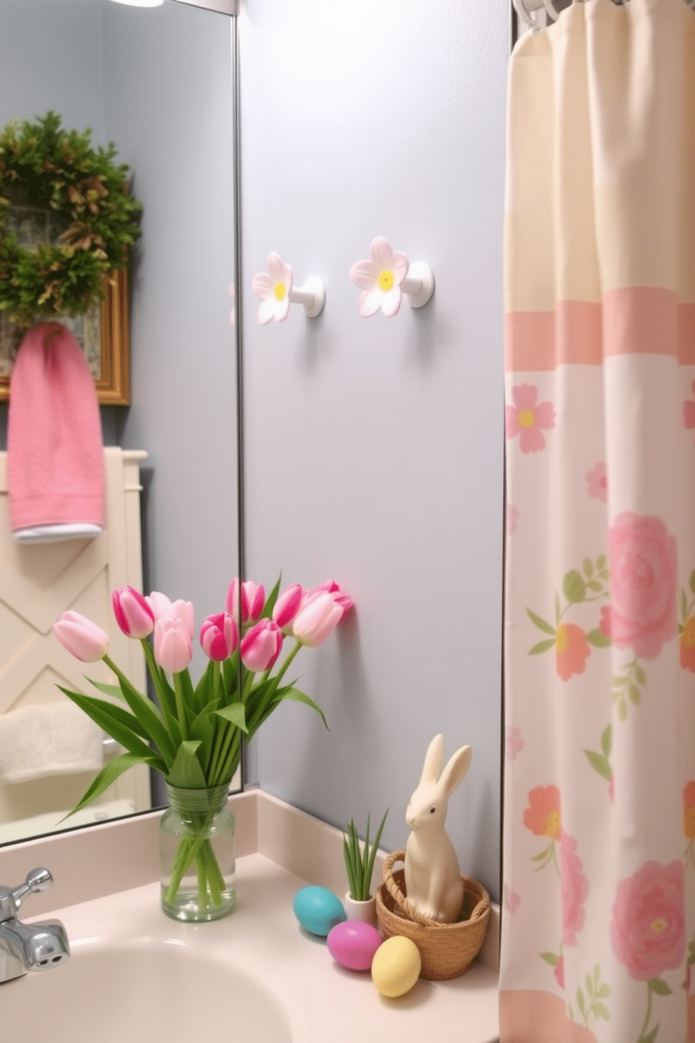 A vibrant bathroom setting adorned with spring blossom shower hooks that add a touch of whimsy and freshness. The hooks are complemented by pastel-colored towels and a cheerful shower curtain featuring floral patterns, creating a cohesive Easter theme. Decorative elements include a small vase of fresh tulips on the countertop and Easter-themed accents, such as bunny figurines and colorful eggs placed strategically around the space. Soft, ambient lighting enhances the cheerful atmosphere, making the bathroom feel inviting and festive.