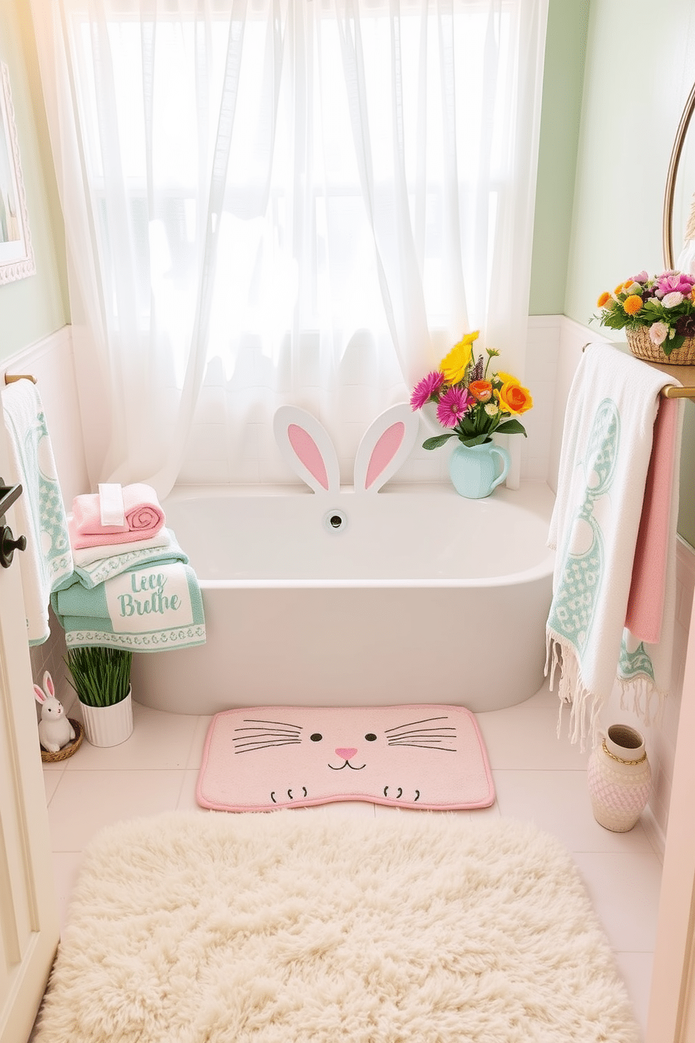 A whimsical bathroom setting featuring a bunny-shaped bath mat at the center, adding a playful touch to the space. Surrounding the mat, pastel-colored towels and decorative Easter-themed accents, such as small ceramic bunnies and vibrant floral arrangements, create a festive atmosphere. The walls are adorned with light, cheerful colors, complementing the playful theme, while a soft, fluffy rug in coordinating shades enhances the cozy feel. Natural light filters through sheer curtains, illuminating the cheerful decor and inviting a sense of warmth and joy for the Easter celebration.