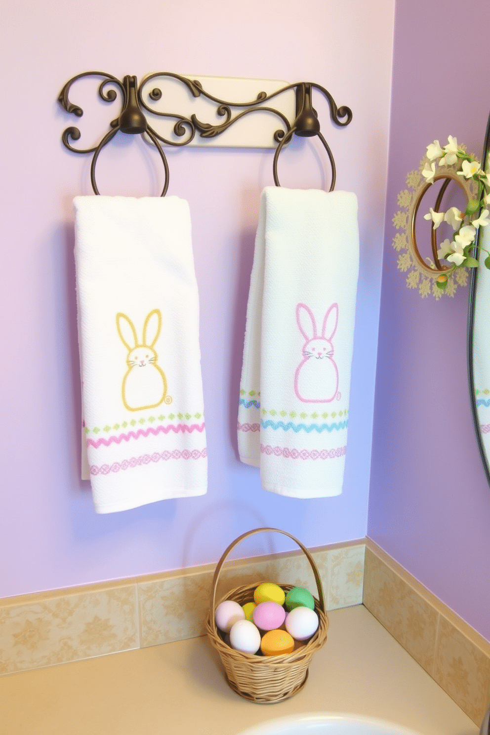 A charming bathroom scene showcasing Easter-themed hand towels. The towels are adorned with pastel colors and playful bunny motifs, neatly hung on a decorative rack. The walls are painted in a soft lavender hue, complementing the festive decor. A small basket filled with colorful Easter eggs sits on the countertop, adding a whimsical touch to the space.