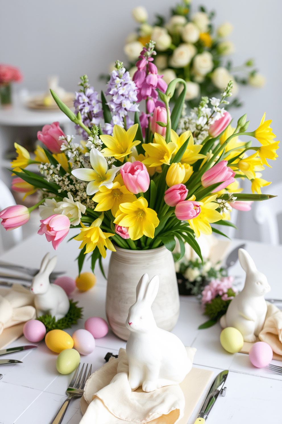 A vibrant spring flower arrangement featuring a mix of tulips, daffodils, and hyacinths in a rustic ceramic vase. The arrangement is placed on a whitewashed wooden table, surrounded by pastel-colored Easter eggs and delicate bunny figurines. An elegant Easter-themed decoration with a soft pastel color palette of pinks, yellows, and greens. A beautifully set dining table showcases floral centerpieces, decorative egg place settings, and whimsical napkin folds, creating a festive atmosphere for a spring gathering.