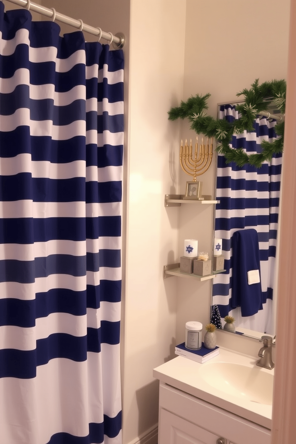 A serene bathroom space featuring a blue and white striped shower curtain that adds a touch of nautical charm. The decor incorporates subtle Hanukkah elements, with decorative menorahs and dreidels placed strategically on the shelves and a festive garland draped across the mirror.