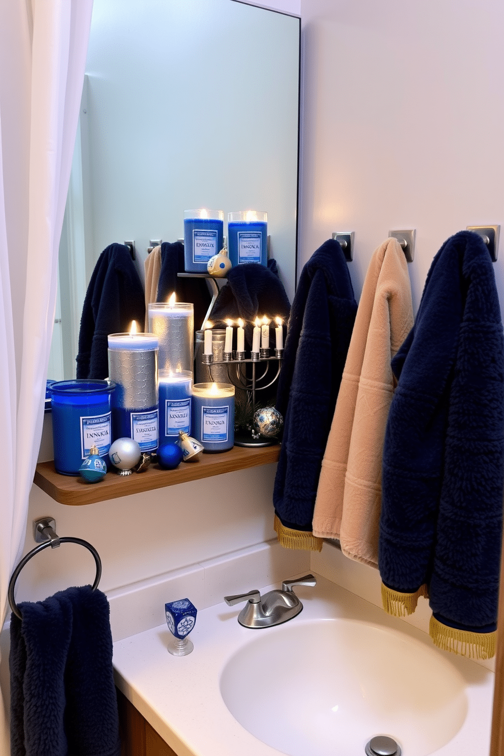 A cozy bathroom adorned for Hanukkah, featuring a collection of scented candles in shades of blue and silver, each with distinct holiday fragrances like cinnamon and pine. The candles are arranged on a wooden shelf, surrounded by festive decorations such as star of David ornaments and small dreidels. The walls are draped with soft, white fabric that mimics the look of snow, while a menorah sits elegantly on the countertop next to the sink. Plush towels in rich navy and gold hues hang neatly, adding a touch of luxury to the festive atmosphere.