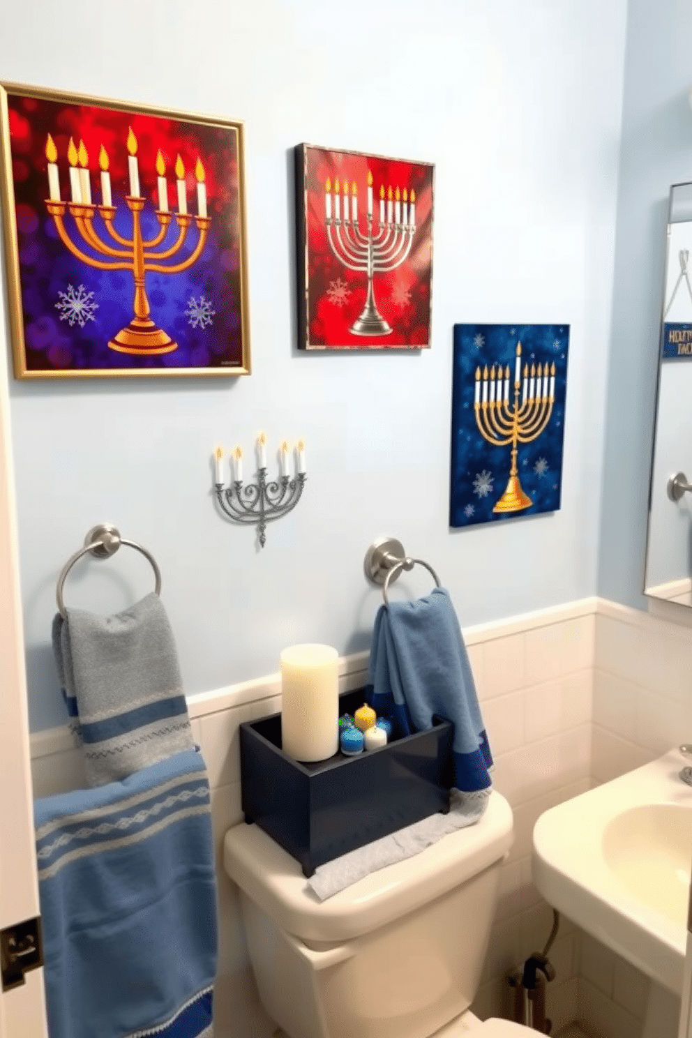 Festive wall art featuring menorahs creates a vibrant and celebratory atmosphere in the bathroom. The artwork showcases various styles of menorahs, incorporating rich colors and intricate details that enhance the holiday spirit. To complement the wall art, consider adding decorative elements such as themed towels and candles. A subtle blue and silver color scheme can unify the decor, creating a harmonious and festive ambiance for Hanukkah celebrations.