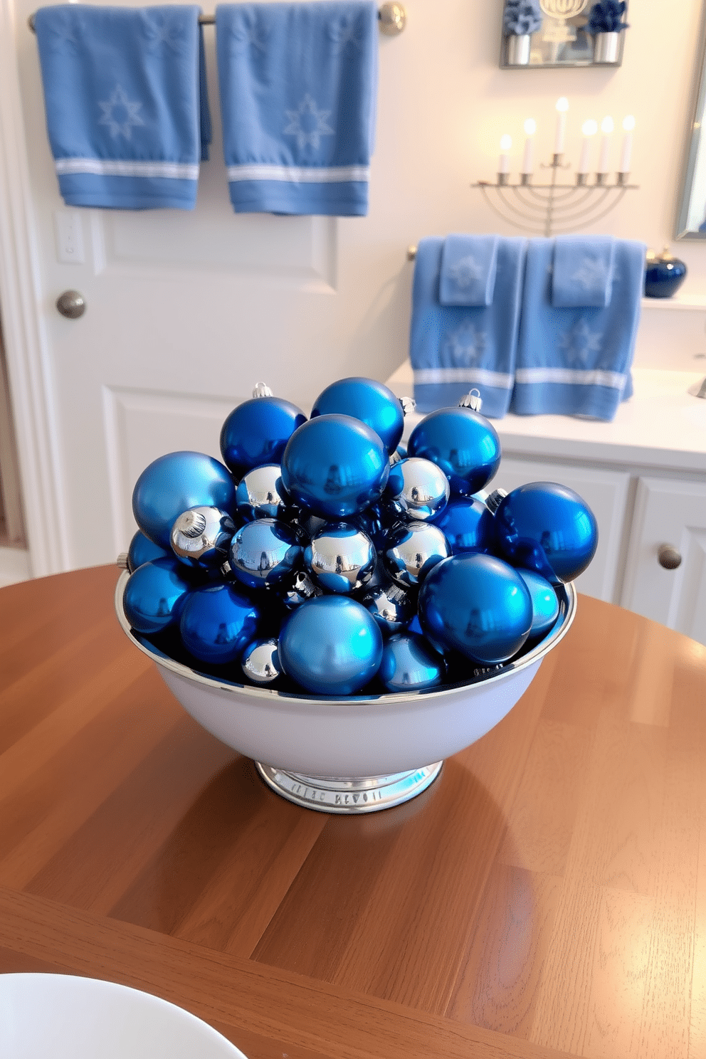 A beautifully arranged bowl filled with blue and silver ornaments sits elegantly on a wooden table, reflecting the festive spirit of Hanukkah. The ornaments vary in size and texture, creating a visually stunning centerpiece that captures the essence of the holiday. In the background, a cozy bathroom is adorned with subtle Hanukkah decorations, including a menorah placed on the countertop. Soft blue towels hang neatly on a rack, complementing the overall color scheme and enhancing the festive atmosphere.