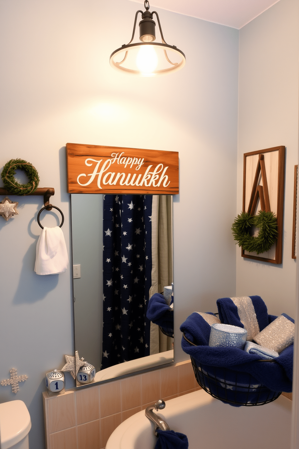 A cozy bathroom adorned with DIY Hanukkah-themed signs, featuring a wooden sign with elegant white lettering that reads 