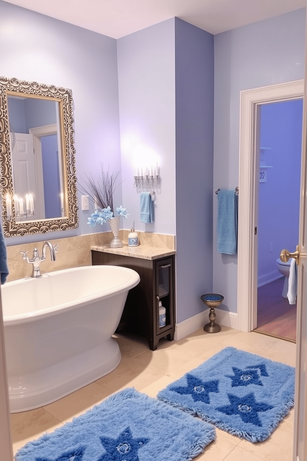 A serene bathroom oasis featuring soft blue bath rugs that add a touch of comfort and warmth underfoot. The space is adorned with elegant Hanukkah decorations, including a tasteful menorah on the countertop and blue and silver accents throughout.