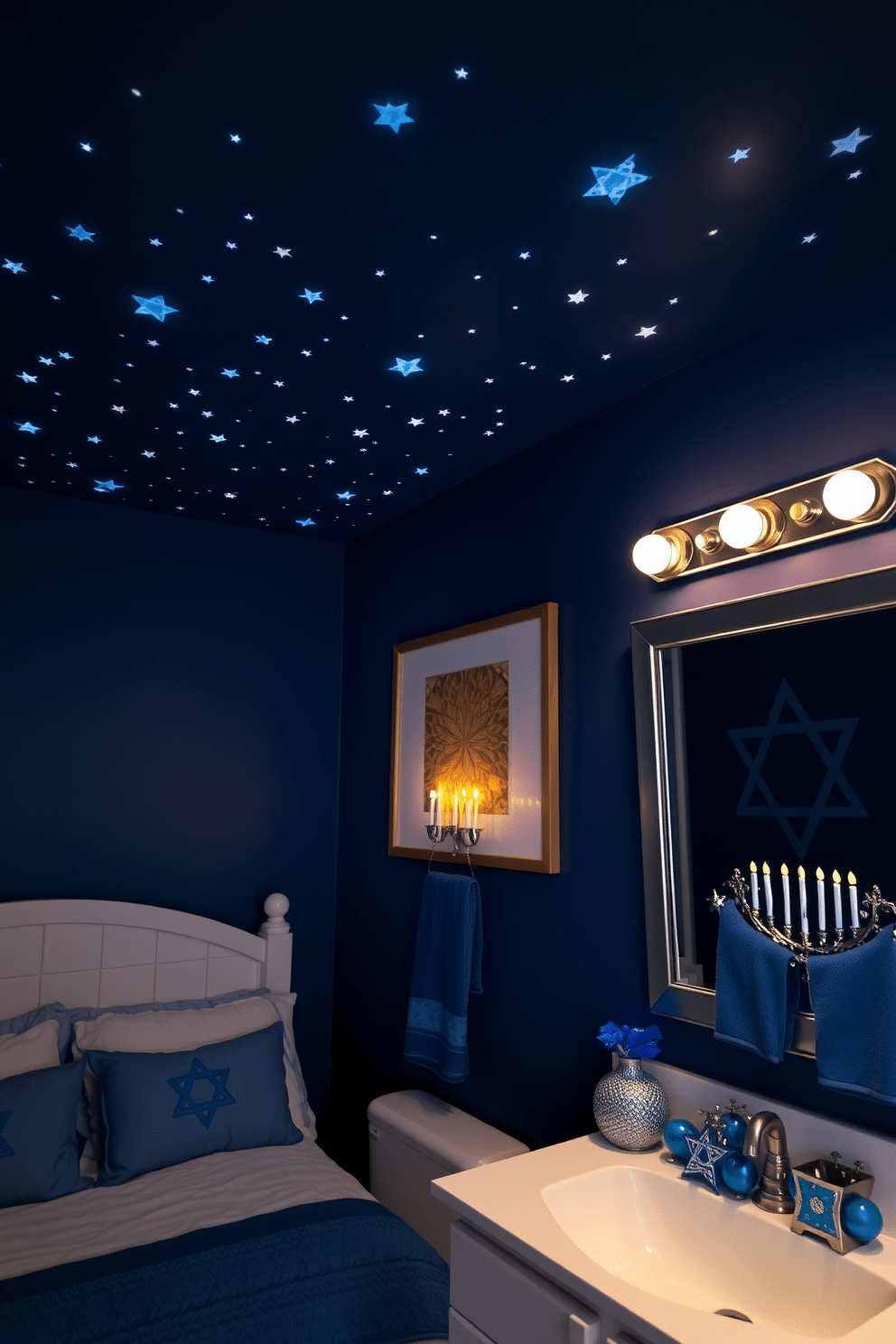 A cozy bedroom with a starry night ceiling, featuring luminous decals that create a magical atmosphere. Soft, ambient lighting complements the deep blue walls, making the stars sparkle as if they were in the night sky. A festive bathroom adorned with Hanukkah decorations, showcasing blue and silver accents throughout. Decorative menorahs and star of David motifs are tastefully arranged, while plush towels in matching colors add a touch of elegance.