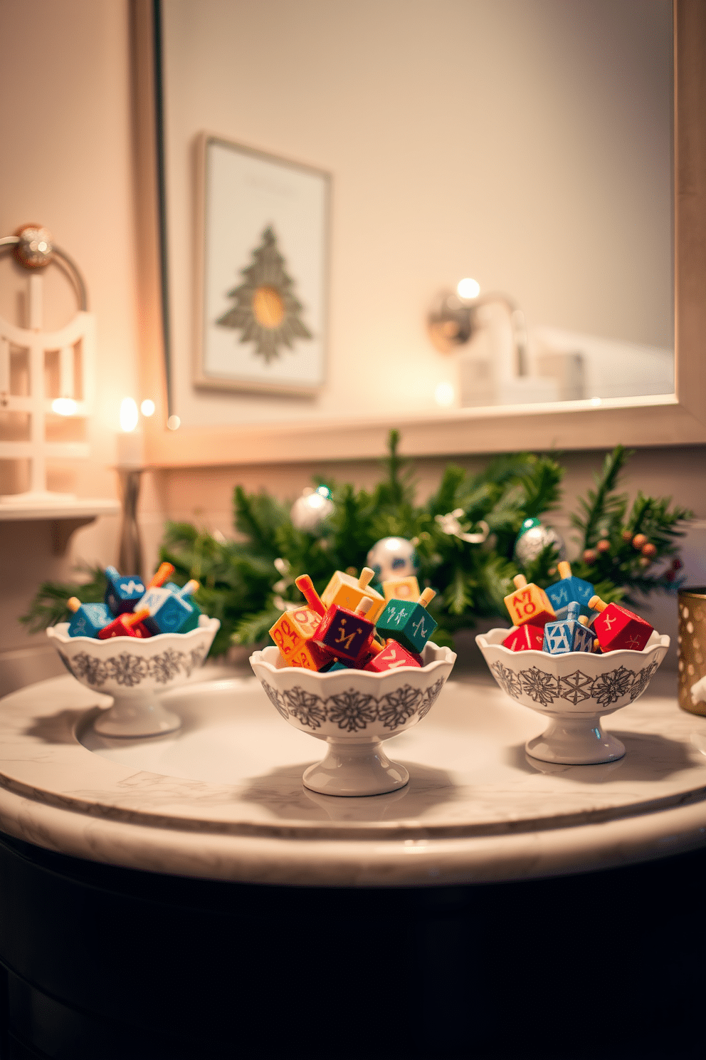 Miniature dreidels are artfully arranged in decorative bowls, showcasing a variety of vibrant colors and intricate patterns. The bowls are placed on a beautifully set bathroom vanity, enhancing the festive atmosphere of the space. Soft, ambient lighting highlights the dreidels and adds warmth to the room. Fresh greenery and subtle Hanukkah-themed accents complete the decor, creating a welcoming and joyful environment for the holiday season.