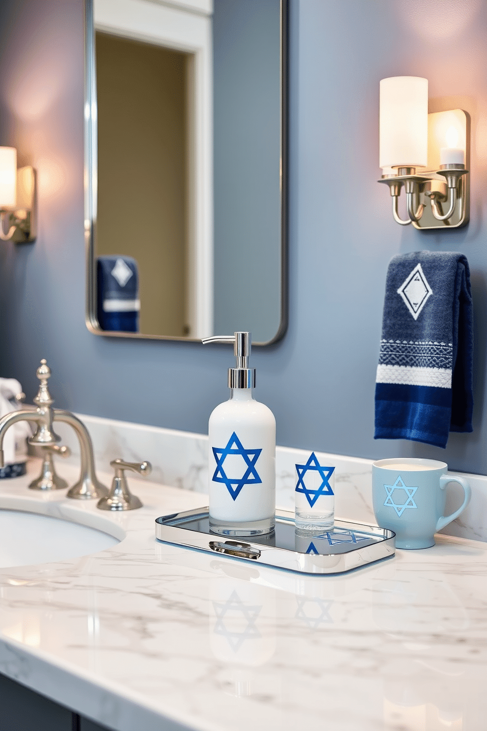 A stylish bathroom scene featuring a Star of David soap dispenser set, elegantly placed on a sleek marble countertop. The dispenser set is complemented by matching accessories, creating a cohesive and festive look for Hanukkah celebrations. The walls are adorned with subtle blue and silver accents, reflecting the colors of the holiday. Soft, ambient lighting enhances the warm atmosphere, while decorative elements like a menorah and festive towels add a touch of seasonal charm.