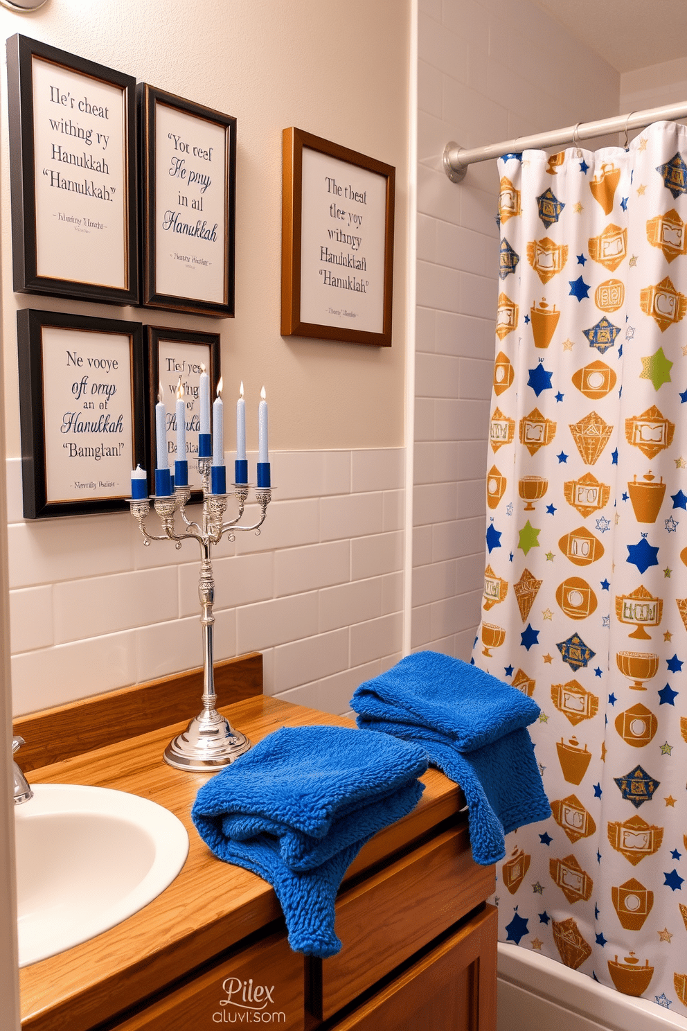 A cozy bathroom decorated for Hanukkah features a wooden vanity adorned with a beautiful blue and silver menorah, elegantly placed on the countertop. Framed quotes about Hanukkah, surrounded by decorative dreidels, hang on the walls, adding a festive touch to the muted white tiles. The shower curtain showcases a vibrant pattern of stars and menorahs, complementing the overall decor. Soft, plush towels in shades of blue and gold are neatly arranged, enhancing the warm and inviting atmosphere of the space.