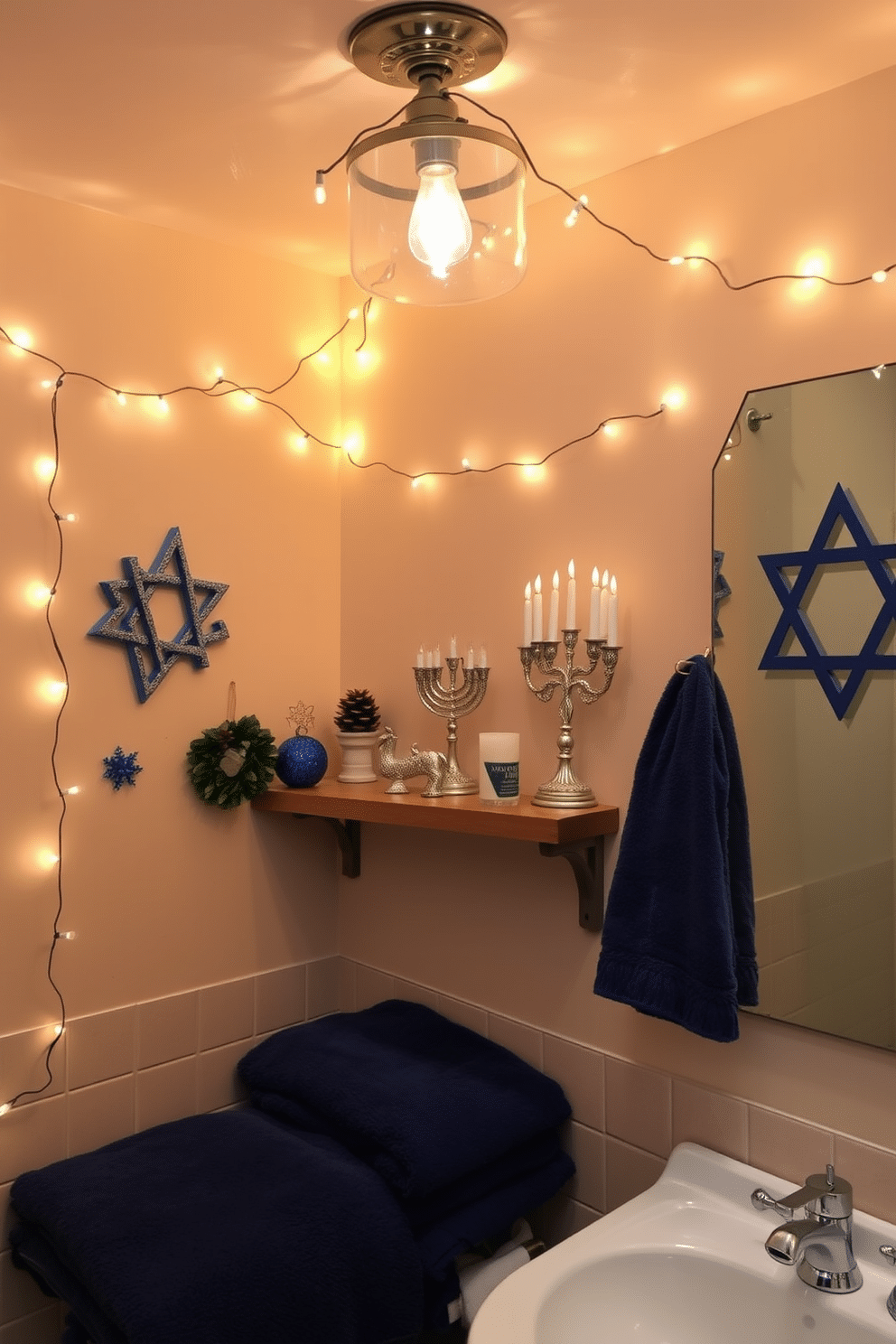 A cozy bathroom ambiance is created with warm hanging string lights draped elegantly across the ceiling, casting a soft glow throughout the space. The walls are adorned with festive Hanukkah decorations, featuring blue and silver accents that complement the overall design. A wooden shelf displays a collection of decorative menorahs and candles, adding a personal touch to the decor. Plush towels in rich hues of blue are neatly arranged, enhancing the warmth and inviting atmosphere of the bathroom during the holiday season.