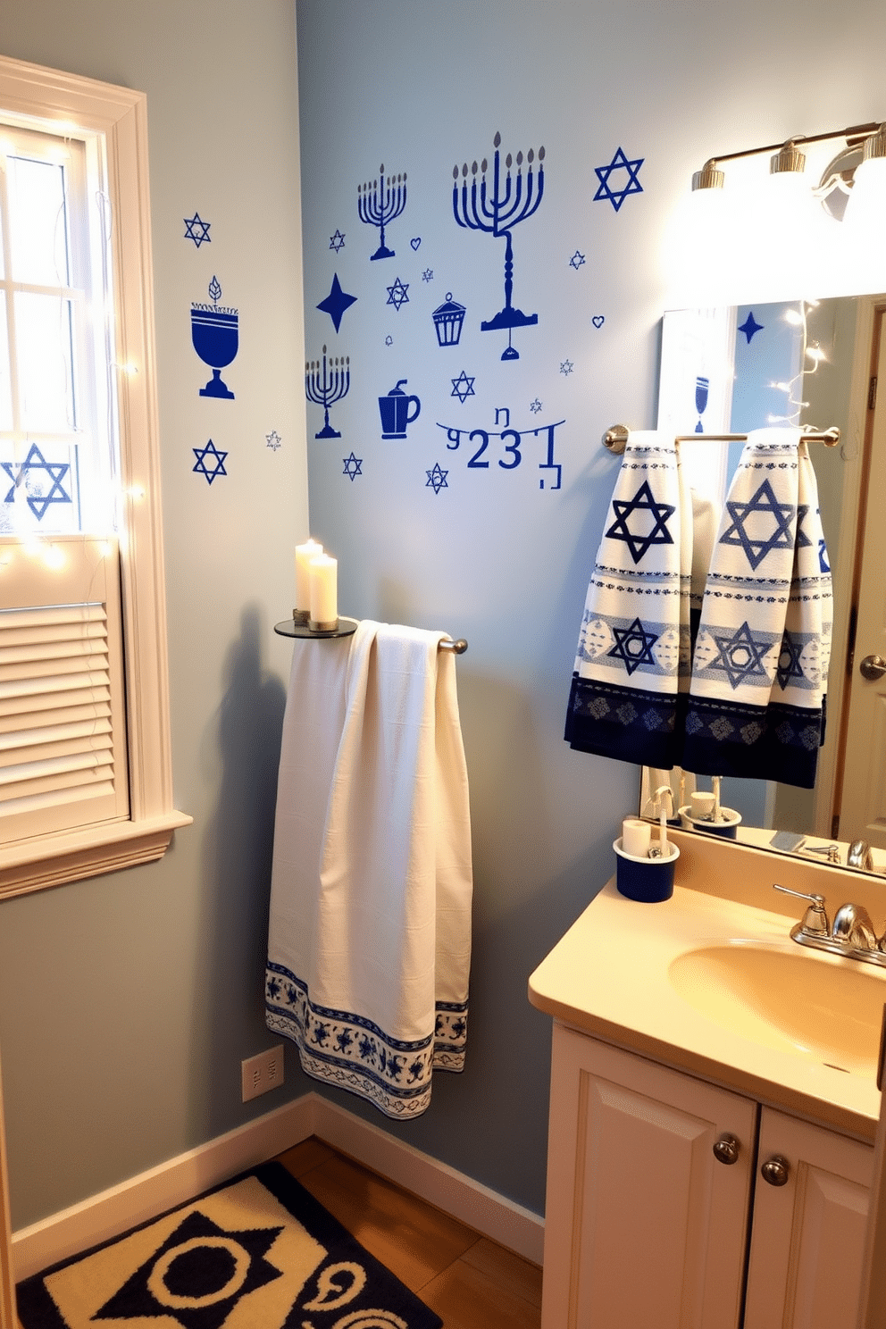 Festive wall decals featuring traditional Hanukkah symbols, such as menorahs, dreidels, and Star of David, are artfully arranged on a soft blue wall, creating a cheerful holiday atmosphere. The decals are complemented by twinkling string lights that outline the windows, enhancing the festive spirit of the room. In the bathroom, a cozy Hanukkah theme is achieved with decorative towels featuring blue and silver patterns, hanging neatly on a stylish rack. A small ceramic menorah sits on the countertop, surrounded by candles, while a festive rug with a dreidel design adds warmth and charm to the space.