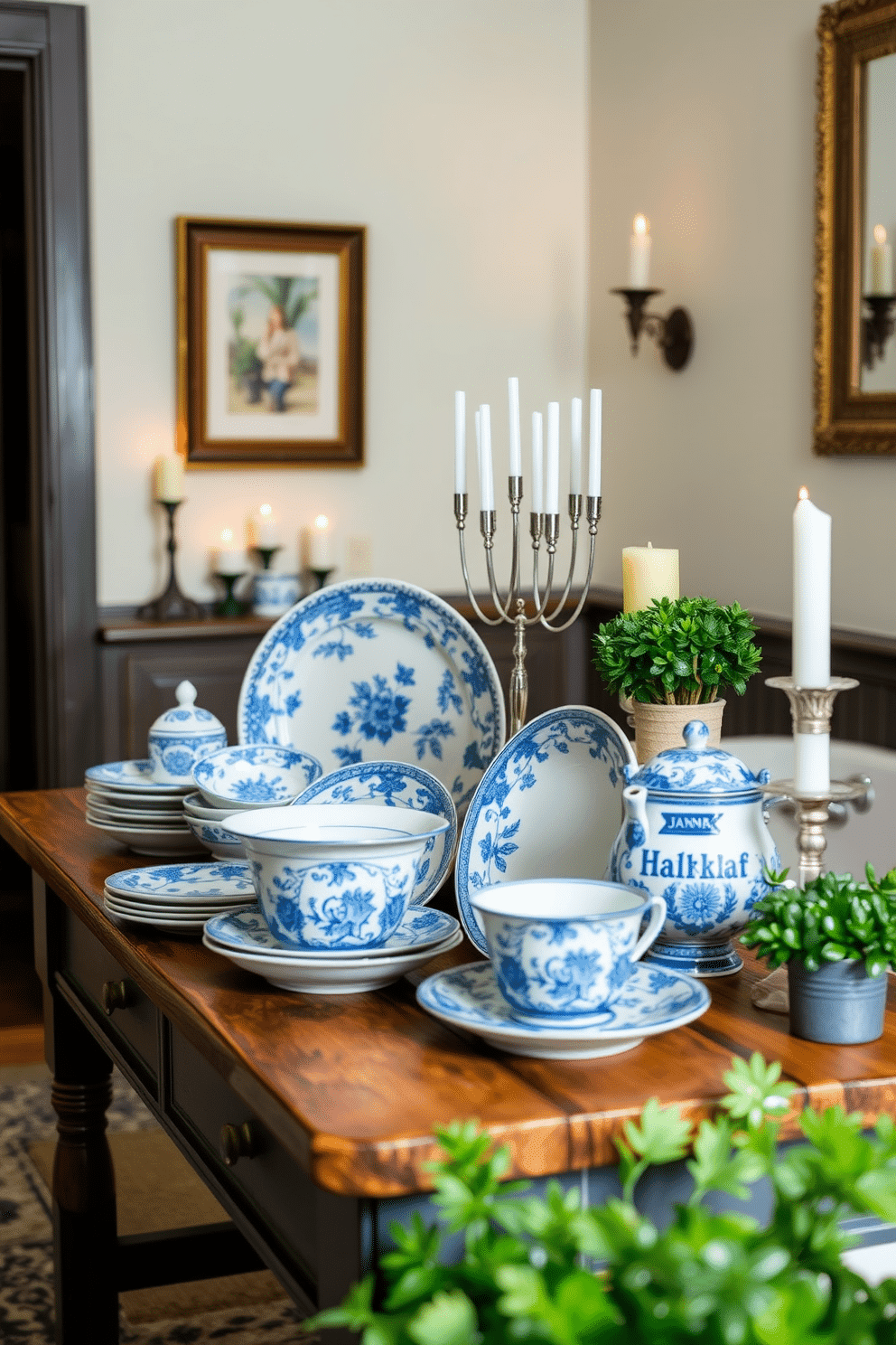 A charming display of blue and white dishware is arranged on a rustic wooden table, showcasing intricate floral patterns and delicate porcelain textures. The backdrop features soft, neutral walls adorned with subtle artwork that complements the dishware's vibrant colors. For Hanukkah decorating ideas in the bathroom, consider incorporating elegant blue and silver accents, such as a decorative menorah on the countertop and festive candles placed strategically around the space. Add touches of greenery with small potted plants to create a warm and inviting atmosphere while celebrating the holiday.