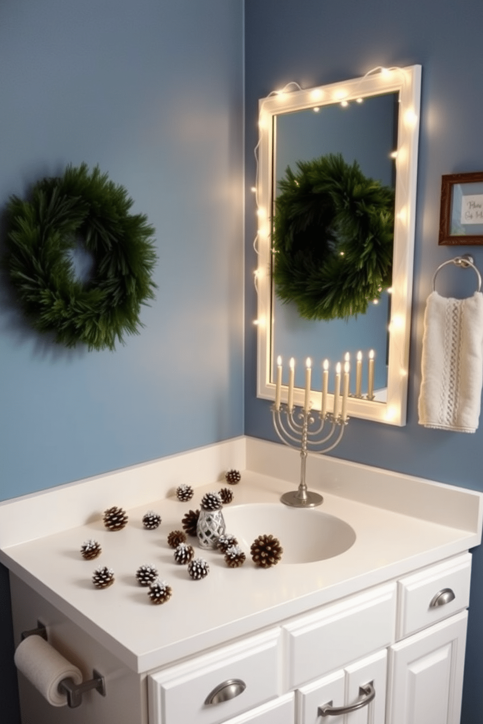 A cozy bathroom adorned for Hanukkah, featuring decorative pinecones with silver accents scattered across the countertop. The walls are painted in a soft blue, complementing the white cabinetry and creating a serene atmosphere. Incorporate a festive touch with a silver menorah placed on the vanity, surrounded by small pinecone arrangements. Soft white lights are draped around the mirror, adding a warm glow to the space and enhancing the holiday spirit.