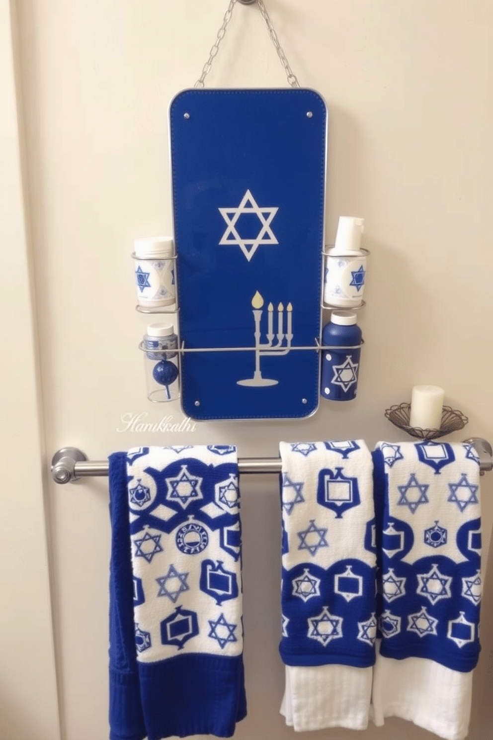 A custom Hanukkah-themed shower caddy features a sleek design adorned with blue and silver accents, showcasing symbols like the Star of David and menorah. It includes multiple compartments for organizing toiletries, creating a festive yet functional space in the bathroom. For Hanukkah decorating ideas, consider incorporating vibrant blue and white towels with decorative dreidel patterns, complemented by a matching shower curtain. Add small accents like a menorah-shaped soap dish and festive candles to enhance the holiday spirit in your bathroom.