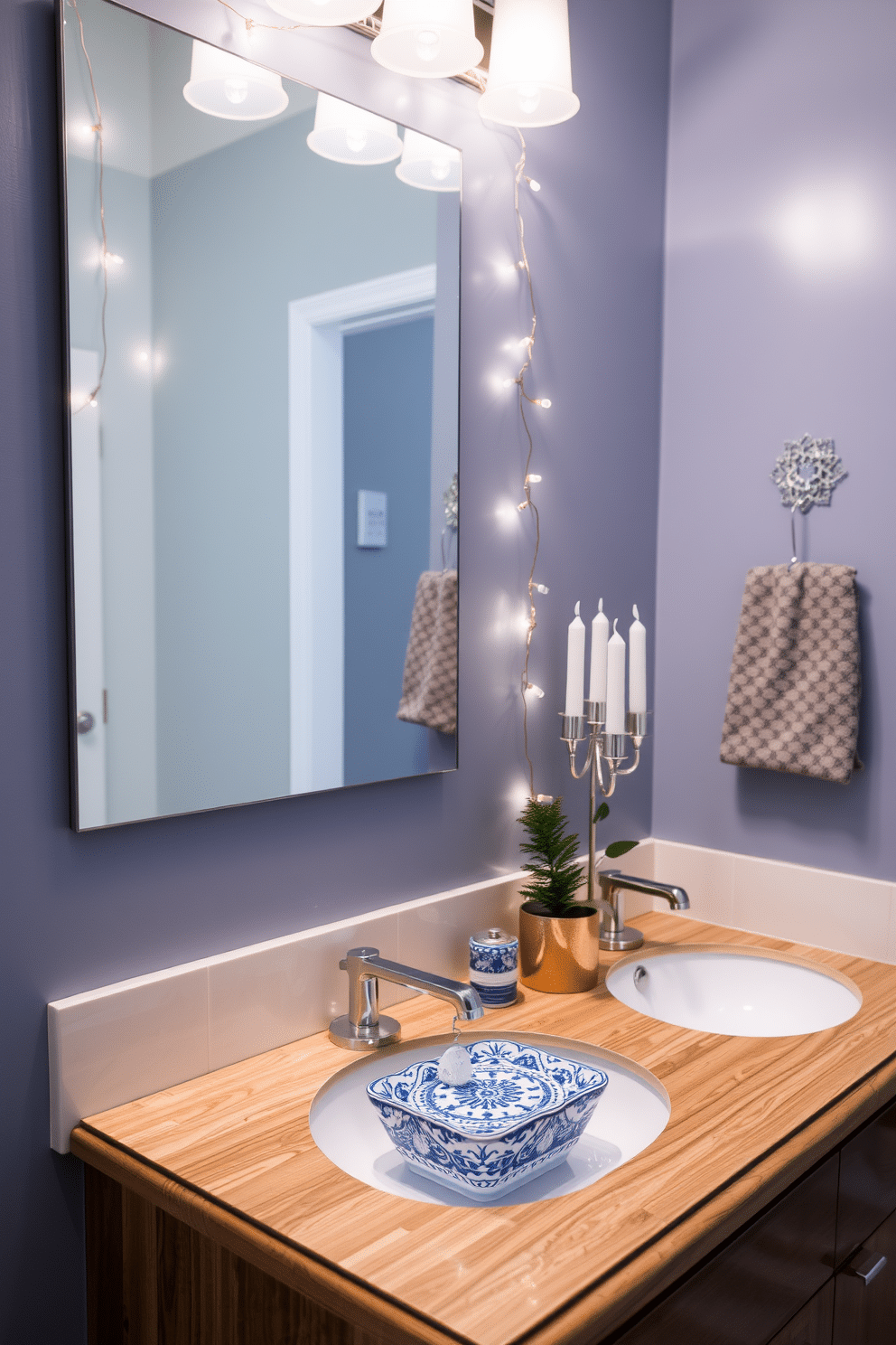 A serene bathroom setting featuring blue and white patterned soap dishes elegantly placed on a polished wooden vanity. The walls are adorned with subtle Hanukkah decorations, including delicate string lights and small blue and silver accents that evoke the festive spirit.