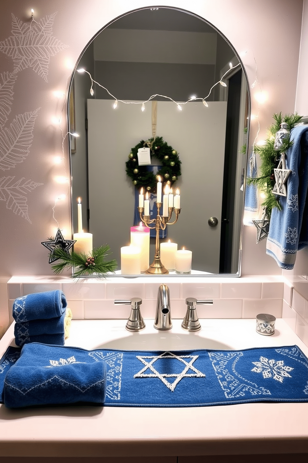 A festive holiday-themed bathroom features a delicate arrangement of scented candles in seasonal fragrances like pine and cinnamon. Soft, twinkling fairy lights are draped around the mirror, creating a warm and inviting atmosphere. For Hanukkah decorating ideas, incorporate a beautiful blue and silver color palette with decorative elements like a menorah on the countertop. Hang elegant star of David ornaments from the towel rack and add a festive runner with traditional patterns along the vanity.