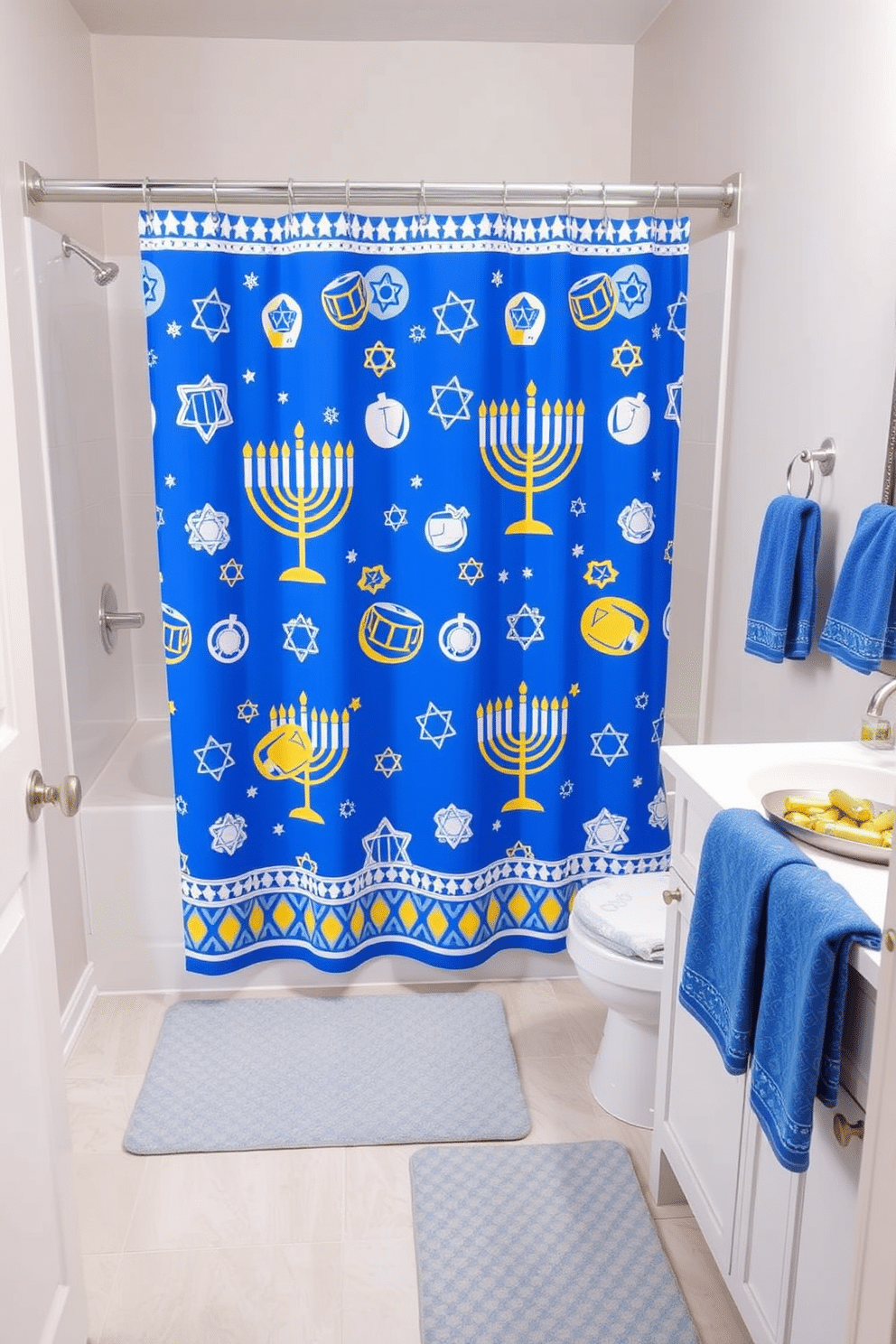 A festive Hanukkah-themed shower curtain design featuring a vibrant blue background adorned with white and gold menorahs, dreidels, and Star of David motifs. The curtain is complemented by silver accents and a playful pattern that brings a joyful atmosphere to the bathroom. For bathroom Hanukkah decorating ideas, consider adding a matching bath mat with a subtle menorah design and decorative towels in shades of blue and gold. Incorporate a small Hanukkah-themed centerpiece on the vanity, such as a decorative plate with gelt and a small menorah for added charm.