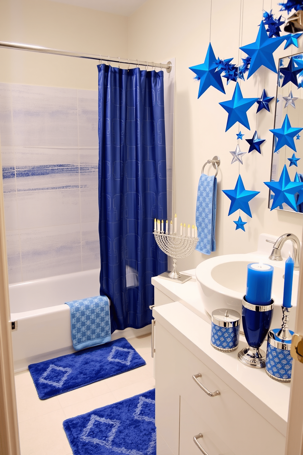 A stylish bathroom featuring blue and silver shower accessories, including a sleek shower curtain with a geometric pattern and matching bath mat. The chrome fixtures add a modern touch, complemented by elegant blue and silver storage containers for toiletries. For Hanukkah decorating ideas in the bathroom, incorporate festive elements such as a decorative menorah placed on the vanity and blue and silver candles arranged around it. Hang a cheerful garland of stars in shades of blue, creating a warm and inviting atmosphere that celebrates the holiday spirit.