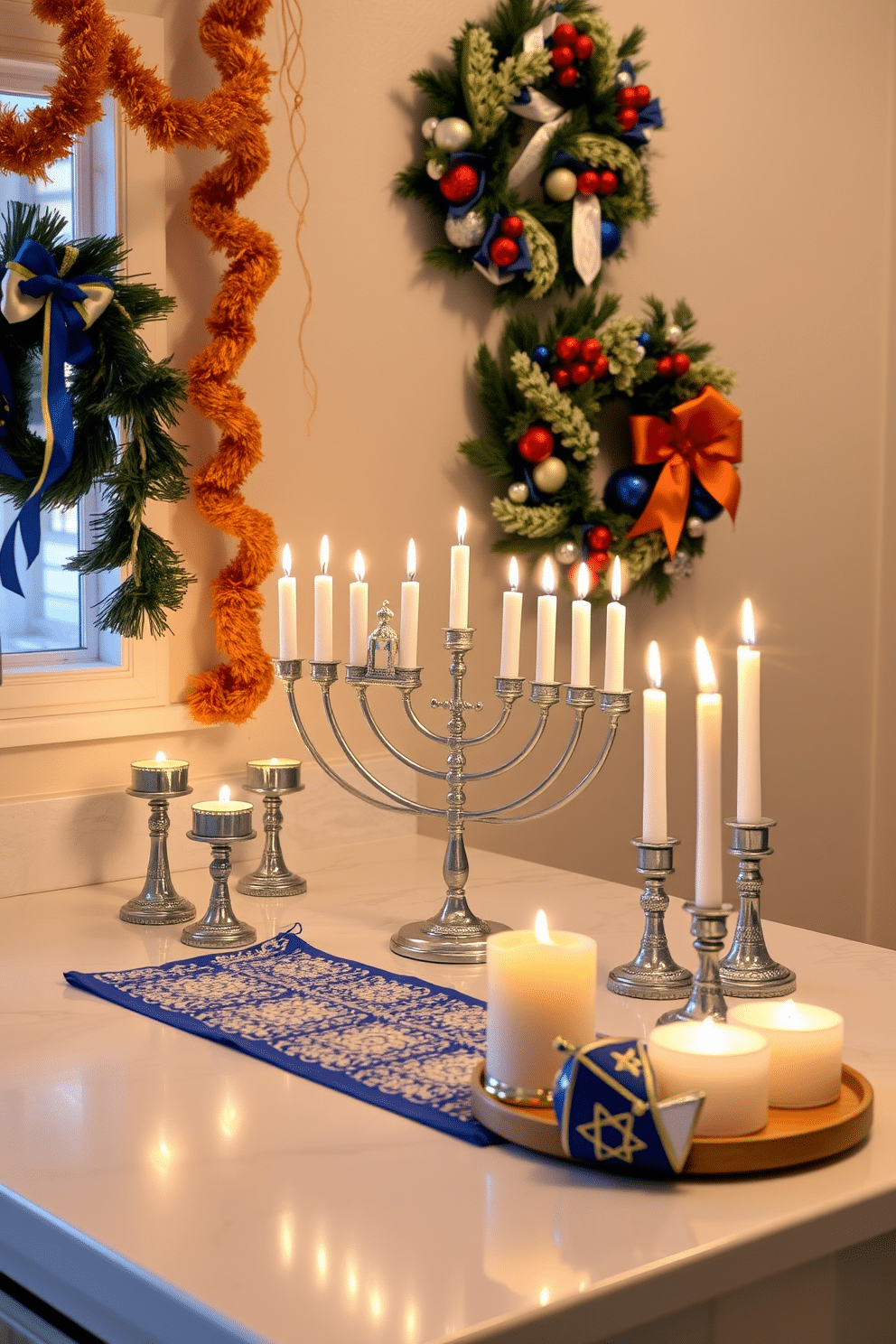 A beautifully arranged Hanukkah setting features a decorative menorah on the counter, surrounded by soft, glowing candles that cast a warm light. The counter is adorned with festive blue and silver accents, including a delicate table runner and small decorative dreidels. In the background, a vibrant display of traditional Hanukkah decorations complements the scene, with hanging garlands and a festive wreath. The overall ambiance is inviting and joyful, perfect for celebrating the holiday with family and friends.