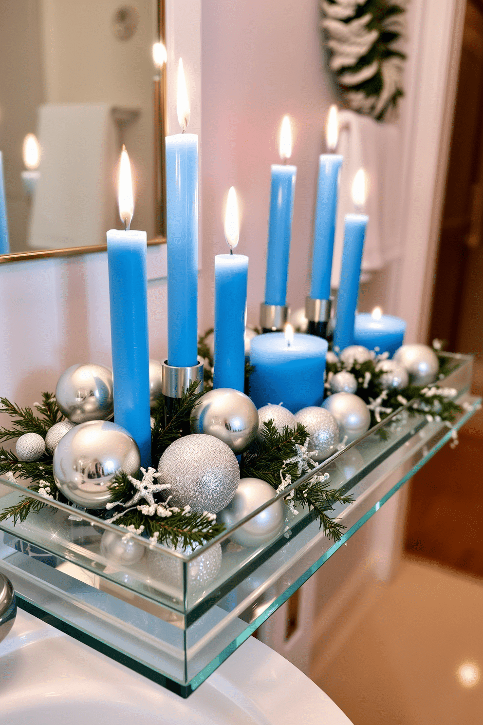 A festive bathroom setting adorned with blue and silver candles. The candles are arranged on a sleek glass tray, surrounded by shimmering silver ornaments and delicate greenery.