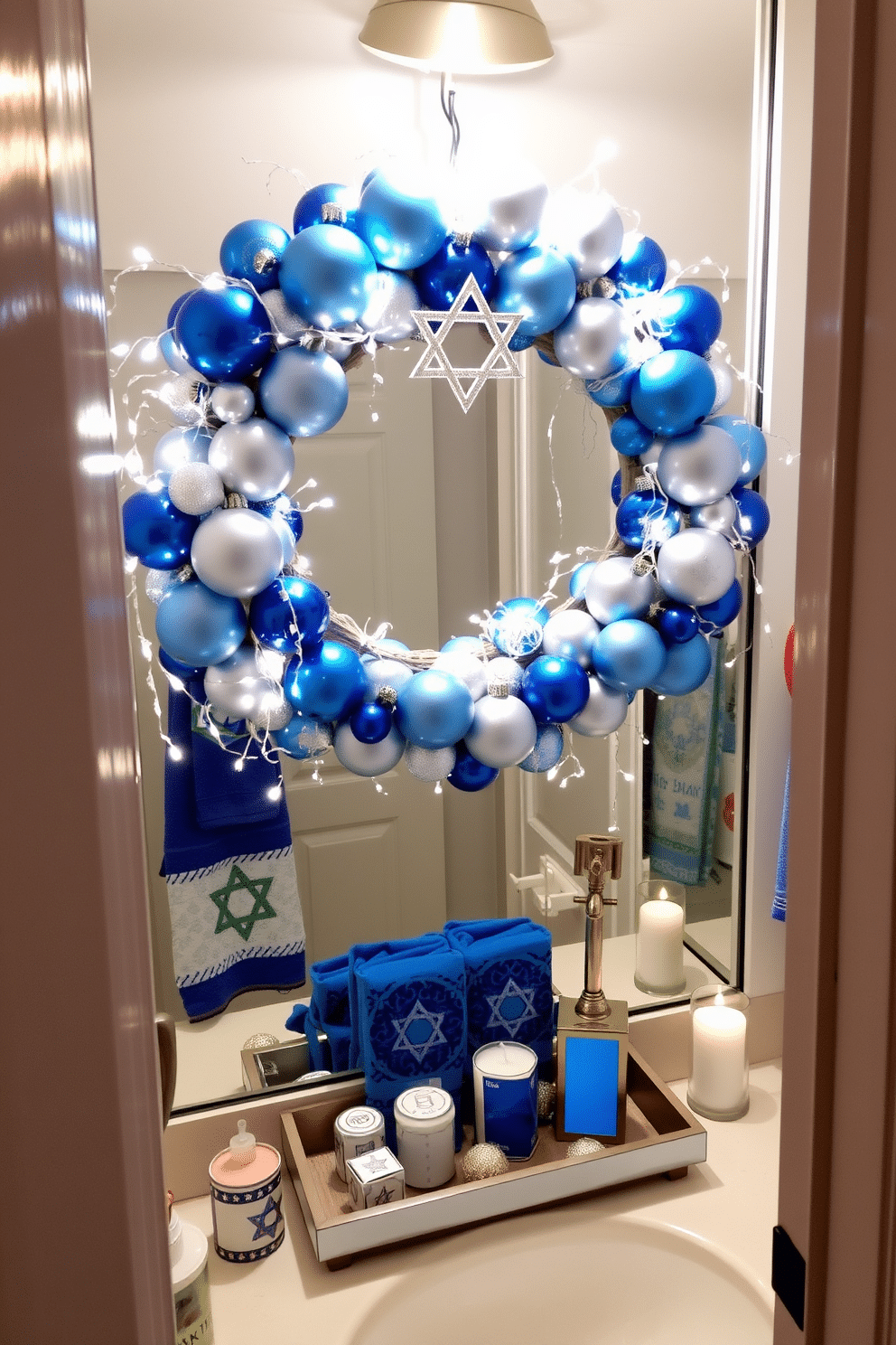 A beautifully crafted Hanukkah wreath adorns the front door, featuring a mix of blue and silver ornaments, with delicate white lights woven throughout. The wreath is accented with a Star of David at the center, creating a warm and inviting entrance for the holiday season. Inside the bathroom, festive Hanukkah decorations are tastefully arranged, including a blue and silver color scheme with themed towels and a menorah on the countertop. A decorative tray holds scented candles and small dreidels, adding a touch of holiday spirit to the serene space.