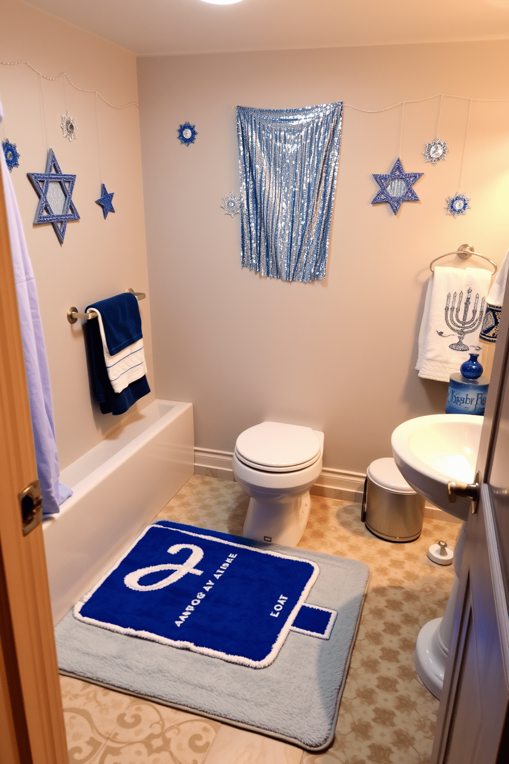 A charming bathroom setting featuring a festive dreidel bath mat that adds a playful touch to the space. The walls are adorned with subtle Hanukkah-themed decorations, including shimmering blue and silver accents that create a warm, inviting atmosphere.