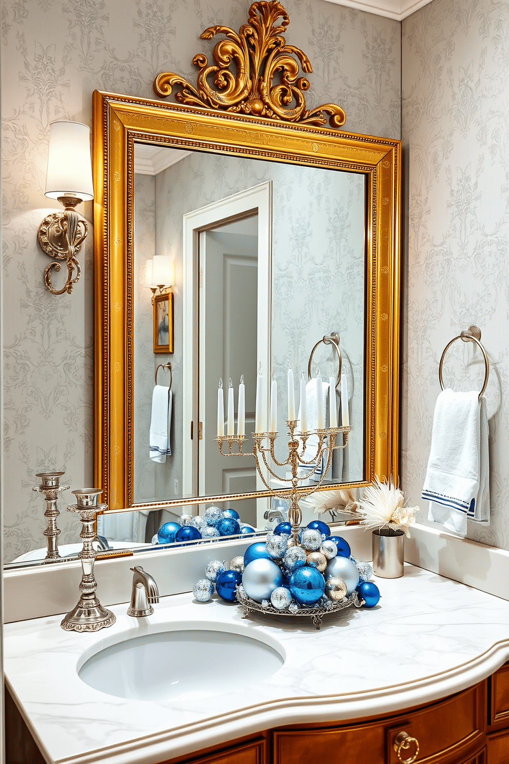 A luxurious bathroom adorned with gold and silver accent decor pieces. Gleaming metallic elements enhance the elegance of the space, including a striking gold-framed mirror and silver candle holders on the countertop. For Hanukkah, the bathroom is tastefully decorated with blue and white accents, reflecting the holiday's traditional colors. A menorah sits prominently on the vanity, surrounded by shimmering silver and gold ornaments that evoke a festive atmosphere.