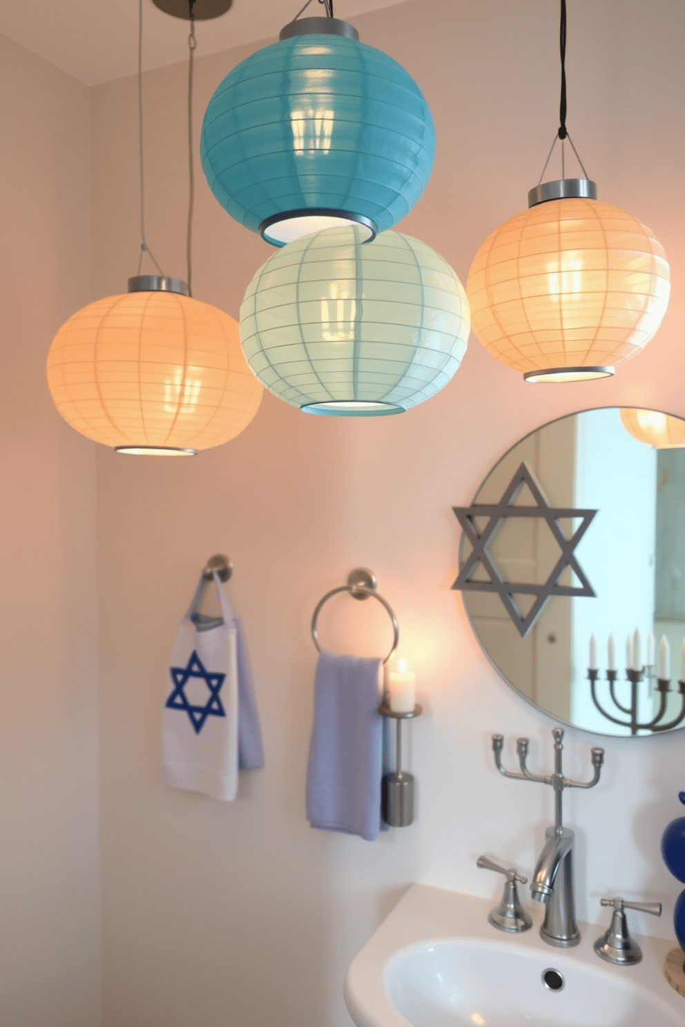 A cozy bathroom ambiance is created with hanging paper lanterns in soft pastel colors. The lanterns gently illuminate the space, casting warm, inviting shadows on the walls. For a festive touch during Hanukkah, decorate the bathroom with blue and silver accents. Incorporate menorah-themed accessories and star of David motifs to celebrate the holiday spirit.