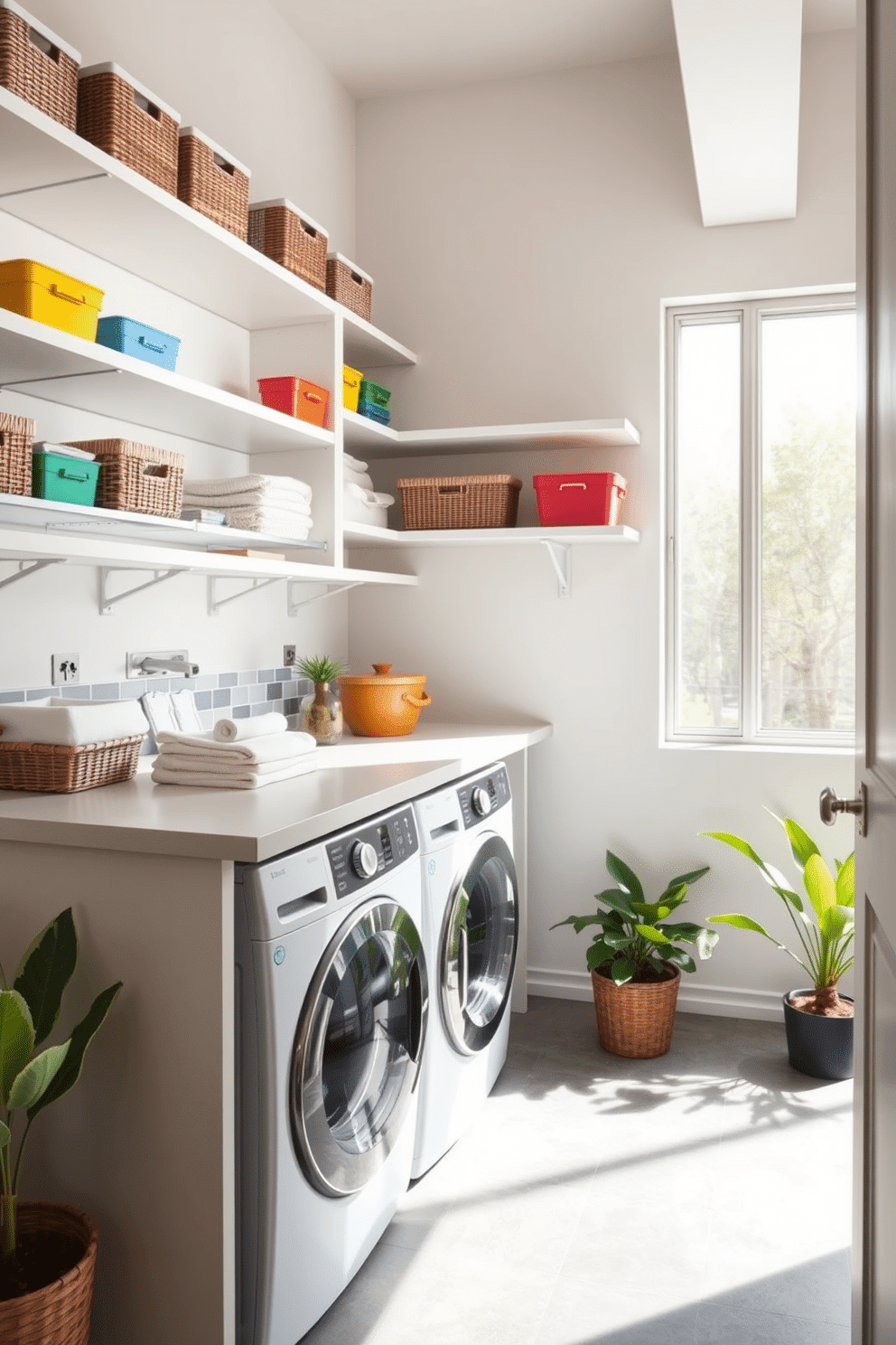 Open shelving lines the walls of a modern laundry room, featuring neatly organized baskets and colorful storage containers for easy access. A sleek countertop extends above the washer and dryer, providing ample space for folding clothes, with a stylish backsplash that adds a pop of color. Incorporating a combination of functionality and aesthetics, the room is illuminated by natural light streaming through a large window. The flooring is a durable tile that complements the overall design, while potted plants add a touch of greenery to the space.