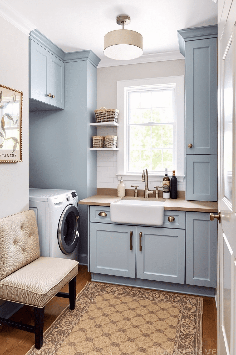 A stylish laundry room that doubles as a functional space, featuring a small upholstered bench for seating against the wall. The room includes a stacked washer and dryer, surrounded by custom cabinetry painted in a soft blue, with a countertop for folding clothes. Natural light floods in through a window above the sink, where a farmhouse-style basin is installed. Decorative baskets line the shelves, and a patterned rug adds warmth to the space, creating an inviting atmosphere for laundry tasks.