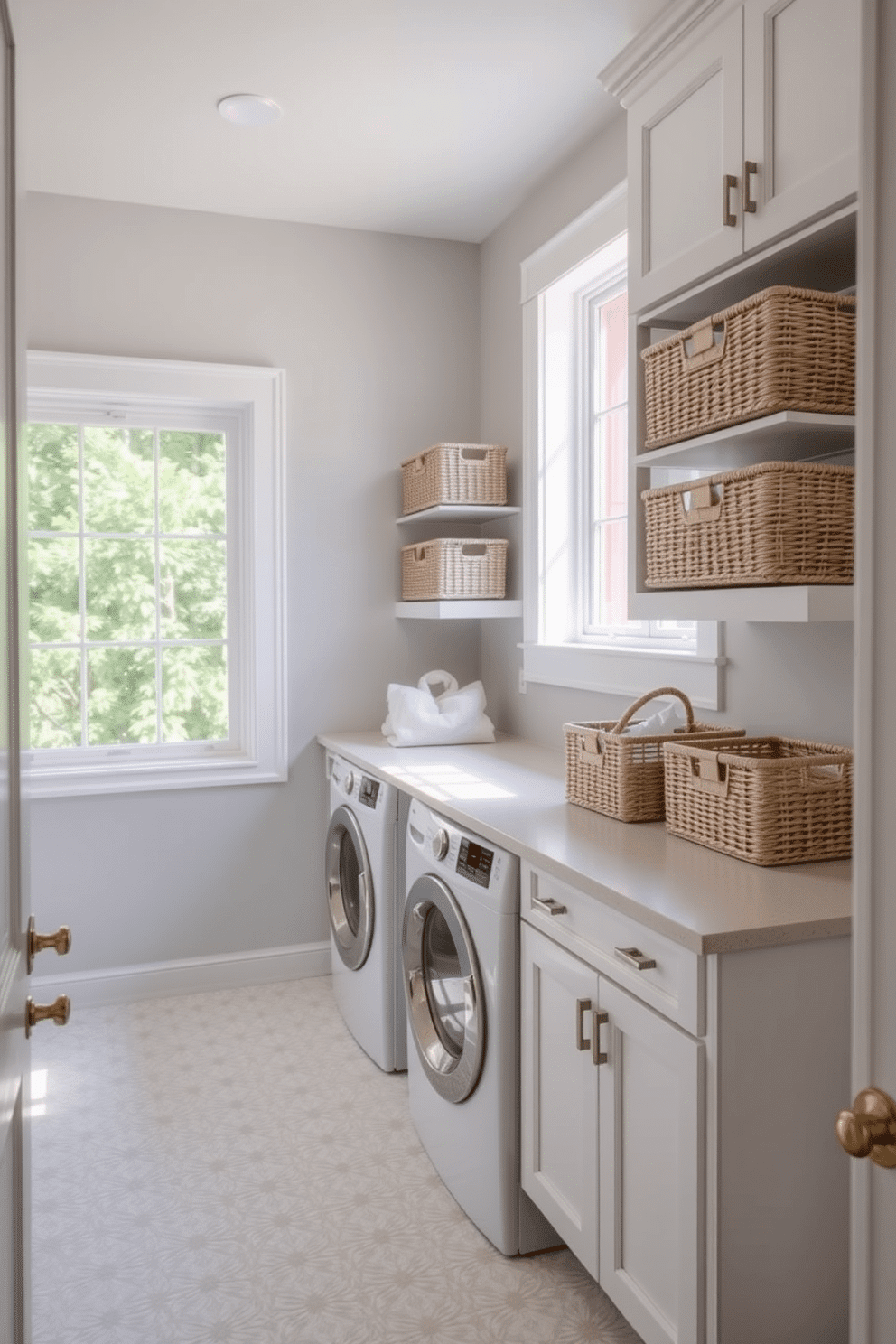 A stylish laundry room featuring decorative baskets for laundry items. The space includes a sleek countertop for folding clothes, with built-in cabinetry for storage and organization. Light gray walls create a calm atmosphere, while the floor is adorned with a chic tile pattern. A large window allows natural light to flood the room, enhancing the inviting ambiance.