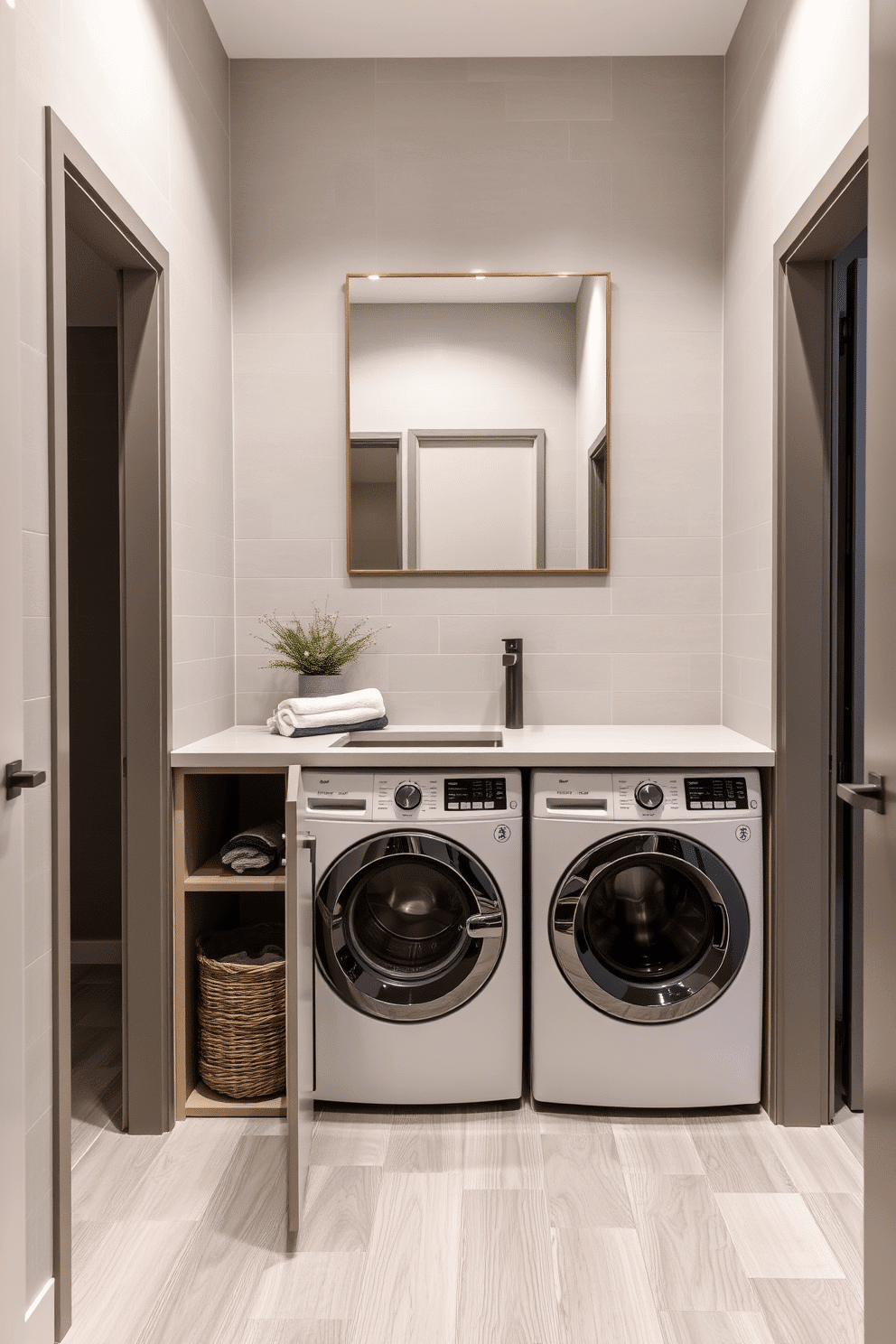 A stylish laundry room that doubles as a bathroom, featuring a sleek under-sink storage solution with custom cabinetry. The space includes a compact washer and dryer, seamlessly integrated into the cabinetry, with a countertop above for folding laundry. The walls are adorned with soft gray tiles, and the floor is finished with durable, water-resistant vinyl planks. A large mirror hangs above the sink, enhancing the room's brightness, while decorative baskets provide additional storage for laundry essentials.