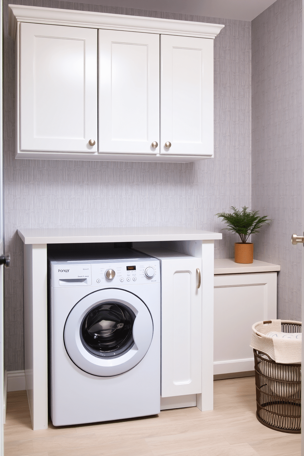 A modern laundry room features a compact washer and dryer unit seamlessly integrated into cabinetry, maximizing space efficiency. The cabinetry is finished in a soft white with brushed nickel hardware, and the countertop above provides a functional workspace for folding clothes. The walls are adorned with a subtle gray wallpaper that adds texture without overwhelming the space. A stylish laundry basket sits in the corner, and a small potted plant adds a touch of greenery, enhancing the room's inviting atmosphere.