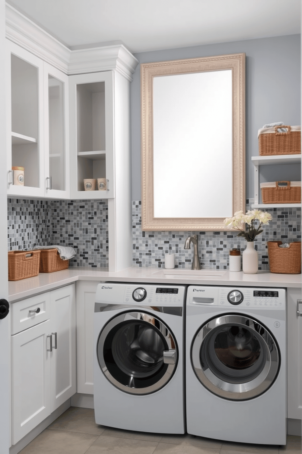 A harmonious blend of soft blues and warm grays creates a serene atmosphere in the bathroom laundry room combo. The cabinetry features a crisp white finish, while the backsplash showcases a mosaic of blue and gray tiles that tie the space together beautifully. Incorporate a stylish washer and dryer set with a sleek design, flanked by open shelving for easy access to laundry essentials. A large, framed mirror above the sink enhances the light in the room, and decorative baskets provide organized storage while adding a touch of texture.