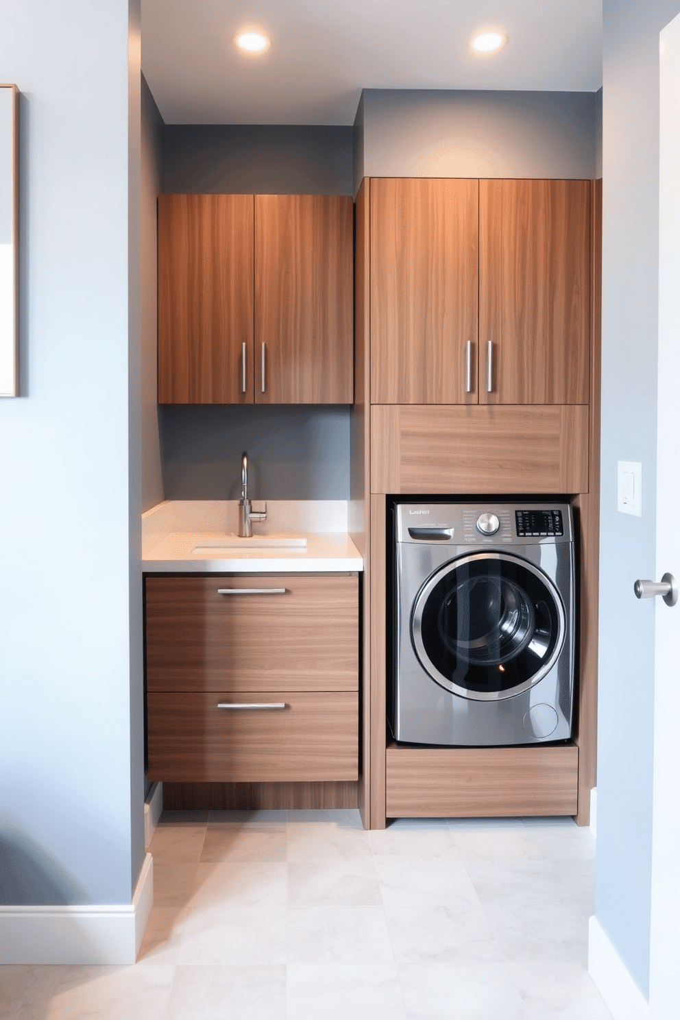 A multifunctional laundry room that seamlessly integrates with a stylish bathroom. The space features a sleek washer and dryer built into cabinetry with a countertop for folding clothes, accented by recessed lighting that creates a warm ambiance. To the left, a modern sink with a minimalist faucet is paired with a wooden vanity, providing storage for laundry essentials. The walls are painted in a soft blue, complementing the light gray tile flooring that adds a touch of elegance to the room.