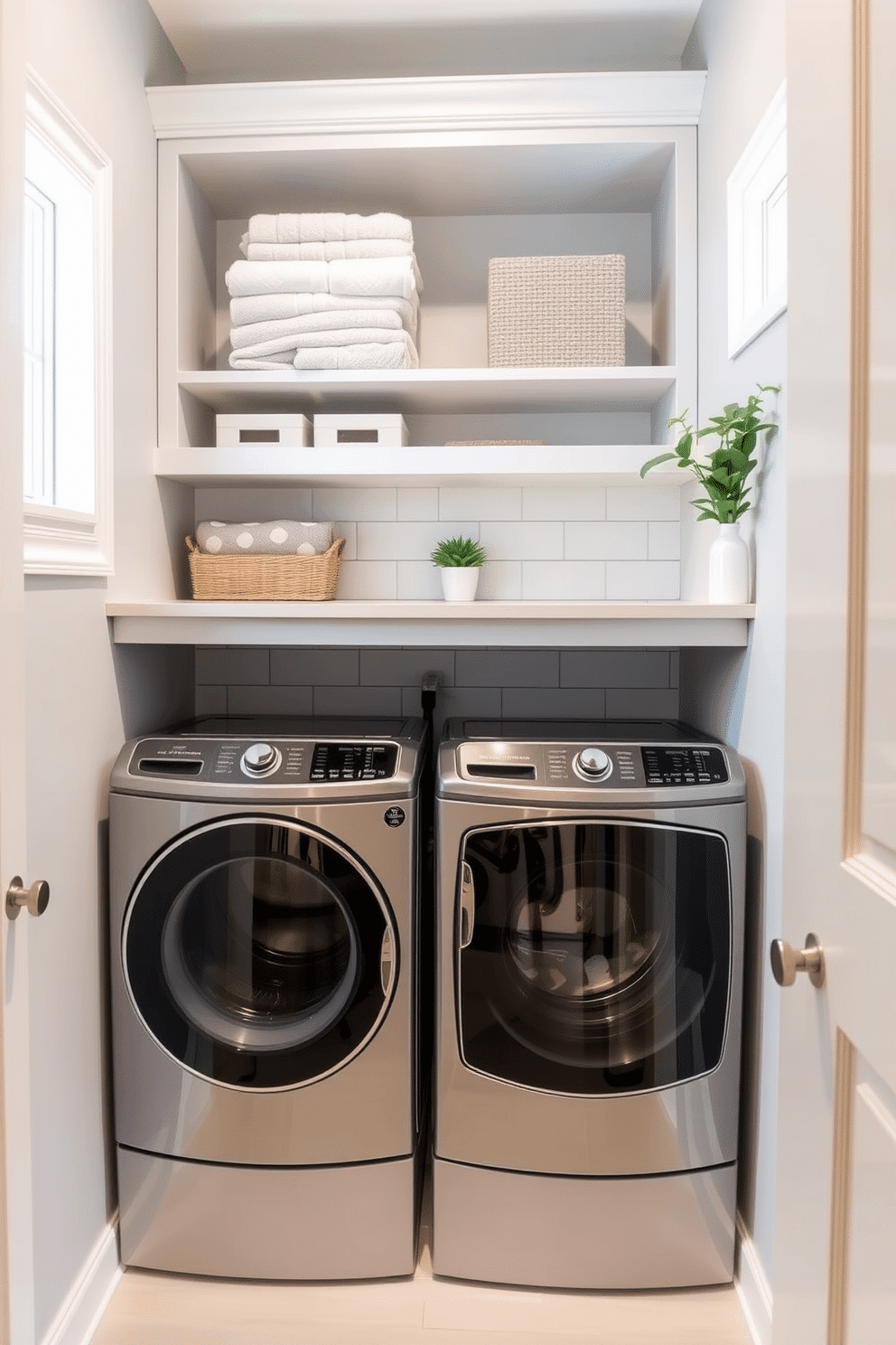 A stylish laundry room combo featuring a sleek, modern washer and dryer stacked side by side, set within a custom cabinetry that matches the room's decor. Above the appliances, open shelving displays neatly folded towels and decorative storage baskets, while a small window allows natural light to brighten the space. The walls are painted in a soft, light gray, complemented by a chic backsplash of white subway tiles behind the appliances. A countertop extends over the washer and dryer, providing ample space for folding laundry, and a potted plant adds a touch of greenery to the room.