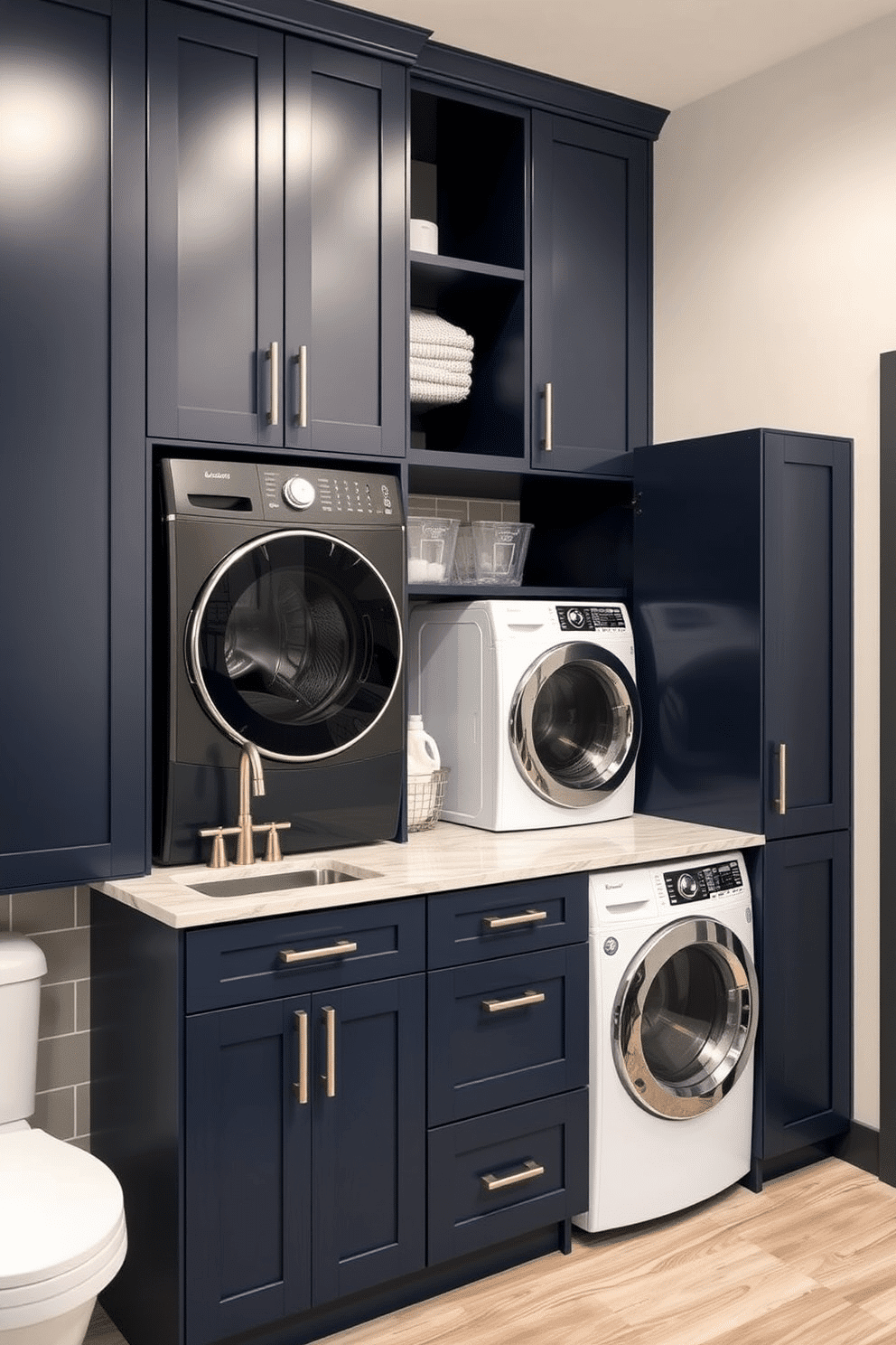 A modern laundry room combined with a bathroom, featuring sleek waterproof cabinetry in a deep navy blue. The countertop is made of durable quartz, with a stylish undermount sink and a brushed nickel faucet. On one side, a stacked washer and dryer are seamlessly integrated into the cabinetry, with open shelving above for easy access to laundry supplies. The walls are adorned with light gray tiles, while the floor boasts a chic, water-resistant vinyl in a wood finish.