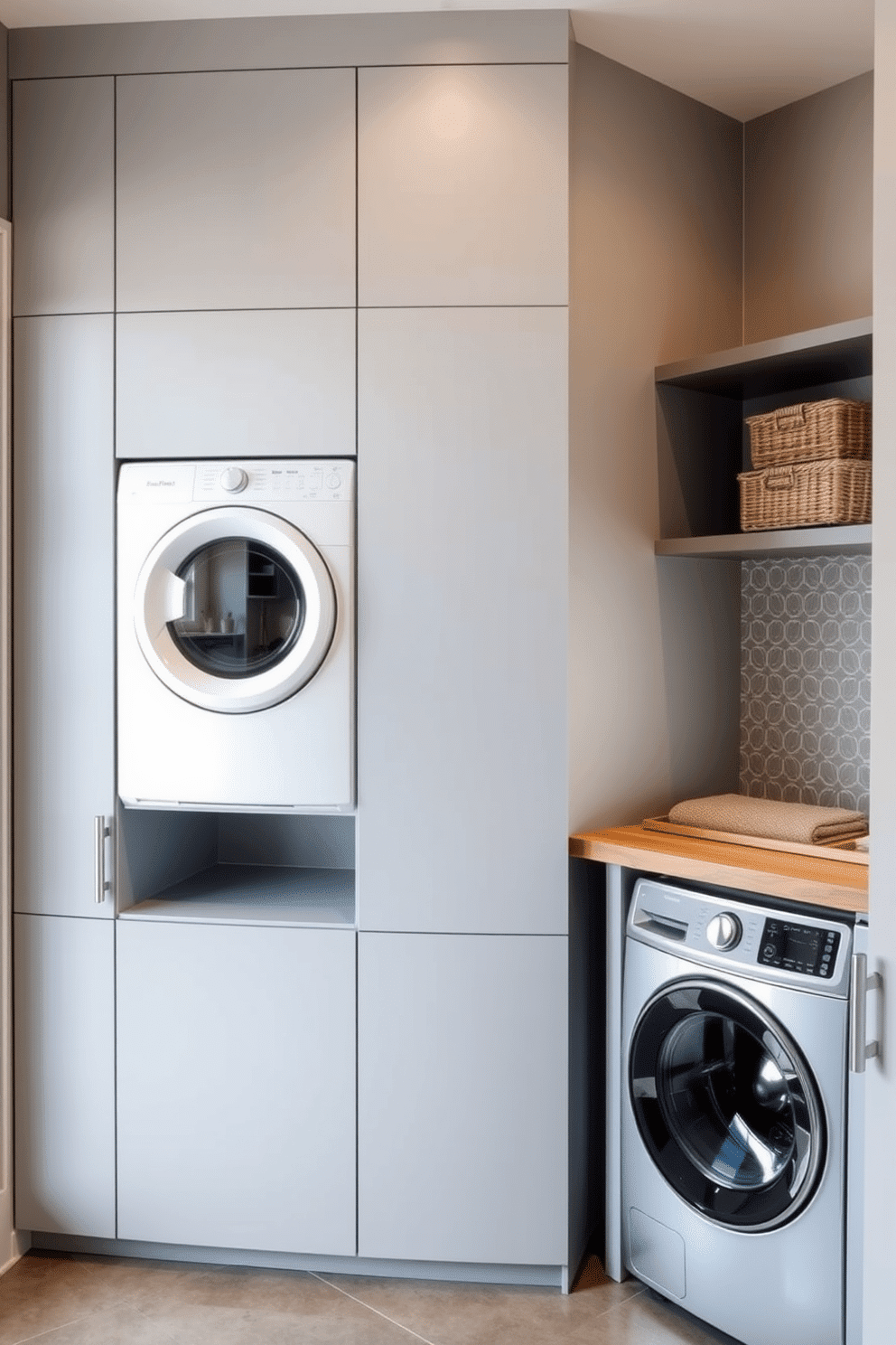 A modern laundry room featuring a stacked washer and dryer unit seamlessly integrated into a sleek cabinetry system. The space is adorned with soft gray walls and a chic, patterned backsplash, creating a stylish yet functional environment. To the right of the stacked appliances, there's a compact folding station with a wooden countertop, illuminated by natural light from a nearby window. Decorative storage baskets are neatly arranged on open shelves above, adding both organization and a touch of warmth to the space.