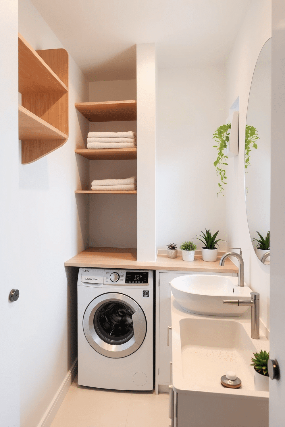 A sleek bathroom laundry room combo features a seamless integration of functionality and style. The walls are painted in a crisp white, accented by natural wood shelving that provides storage without cluttering the space. The laundry area includes a compact washer and dryer stacked vertically, with a smooth countertop above for folding clothes. A minimalist sink with a brushed nickel faucet sits adjacent, surrounded by potted plants that add a touch of greenery to the serene environment.