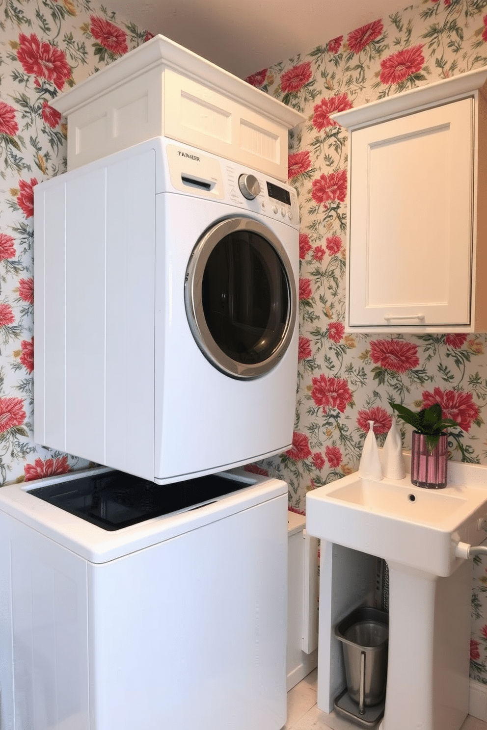 A stylish laundry room that doubles as a bathroom, featuring patterned wallpaper with a floral design that adds visual interest to the space. The room includes a sleek white washing machine and dryer stacked next to a compact sink with a modern faucet, creating a functional yet aesthetically pleasing environment. The walls are adorned with vibrant wallpaper that contrasts beautifully with the light-colored cabinetry. A small, decorative shelf holds neatly folded towels, while a potted plant adds a touch of greenery to the room's overall charm.