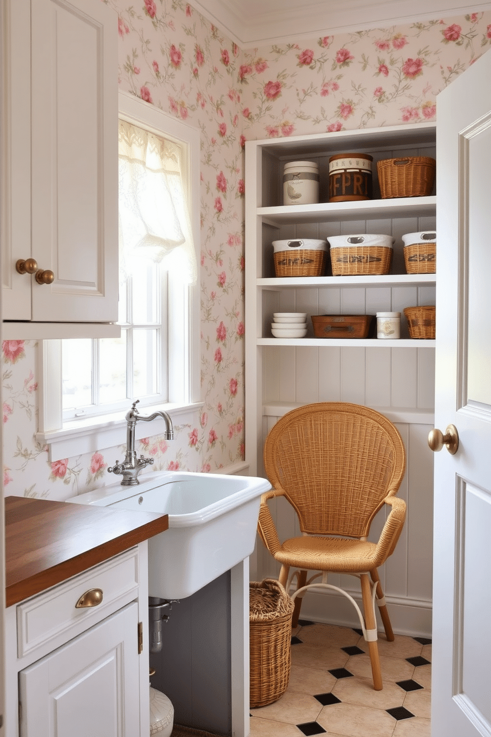 A charming vintage-style laundry room features a classic freestanding sink with a brushed nickel faucet, set against a backdrop of floral wallpaper in soft pastel hues. The cabinetry is painted in a distressed white finish, complemented by antique brass hardware and a rustic wooden countertop. Incorporating a cozy nook, a wicker chair is placed beside a window adorned with lace curtains, allowing natural light to illuminate the space. A collection of vintage laundry baskets and decorative jars neatly arranged on open shelving adds character and functionality.