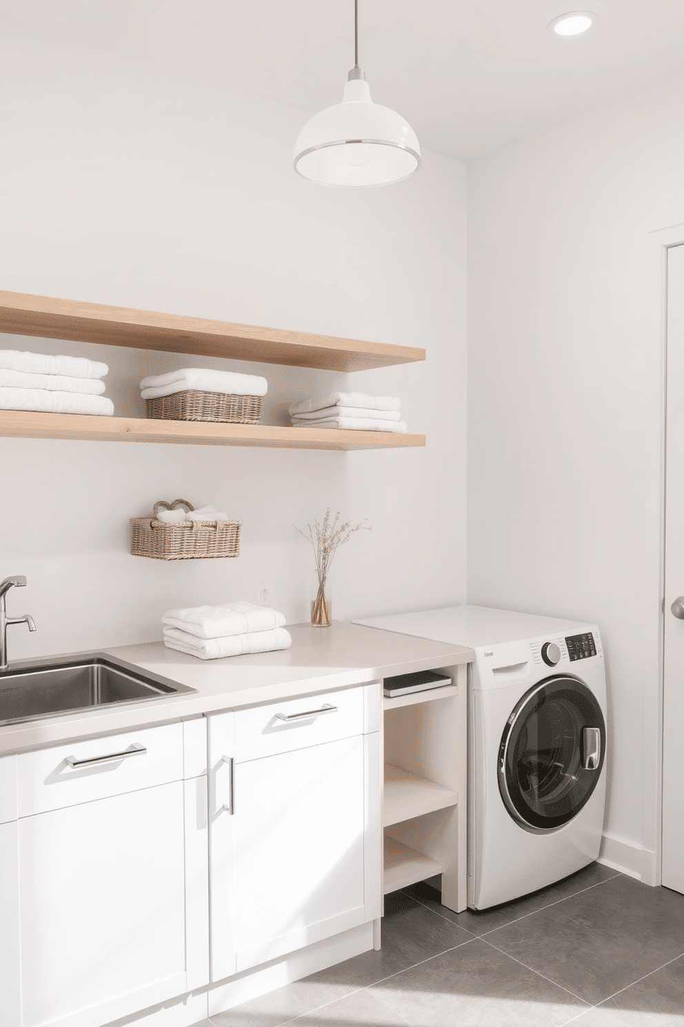 A modern laundry room features sleek floating shelves made of light wood, elegantly displaying neatly folded towels and decorative baskets. The walls are painted in a crisp white, while the floor showcases large gray tiles for a clean and contemporary feel. Incorporating a stacked washer and dryer unit, the design maximizes space efficiency and functionality. A small countertop area next to the appliances provides a practical workspace for sorting and folding laundry, complemented by a stylish pendant light overhead.