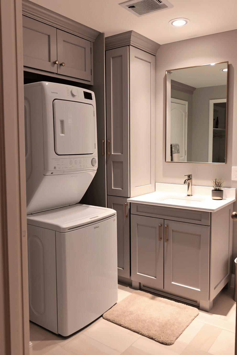 A stylish laundry room combined with a functional bathroom. The space features a sleek white washer and dryer stacked neatly, surrounded by custom cabinetry in a soft gray finish. A large, rectangular mirror hangs above a modern sink with a brushed nickel faucet, complemented by a white vanity with ample storage. To add comfort and style, a small, plush rug in a subtle pattern is placed in front of the sink, enhancing the cozy atmosphere.