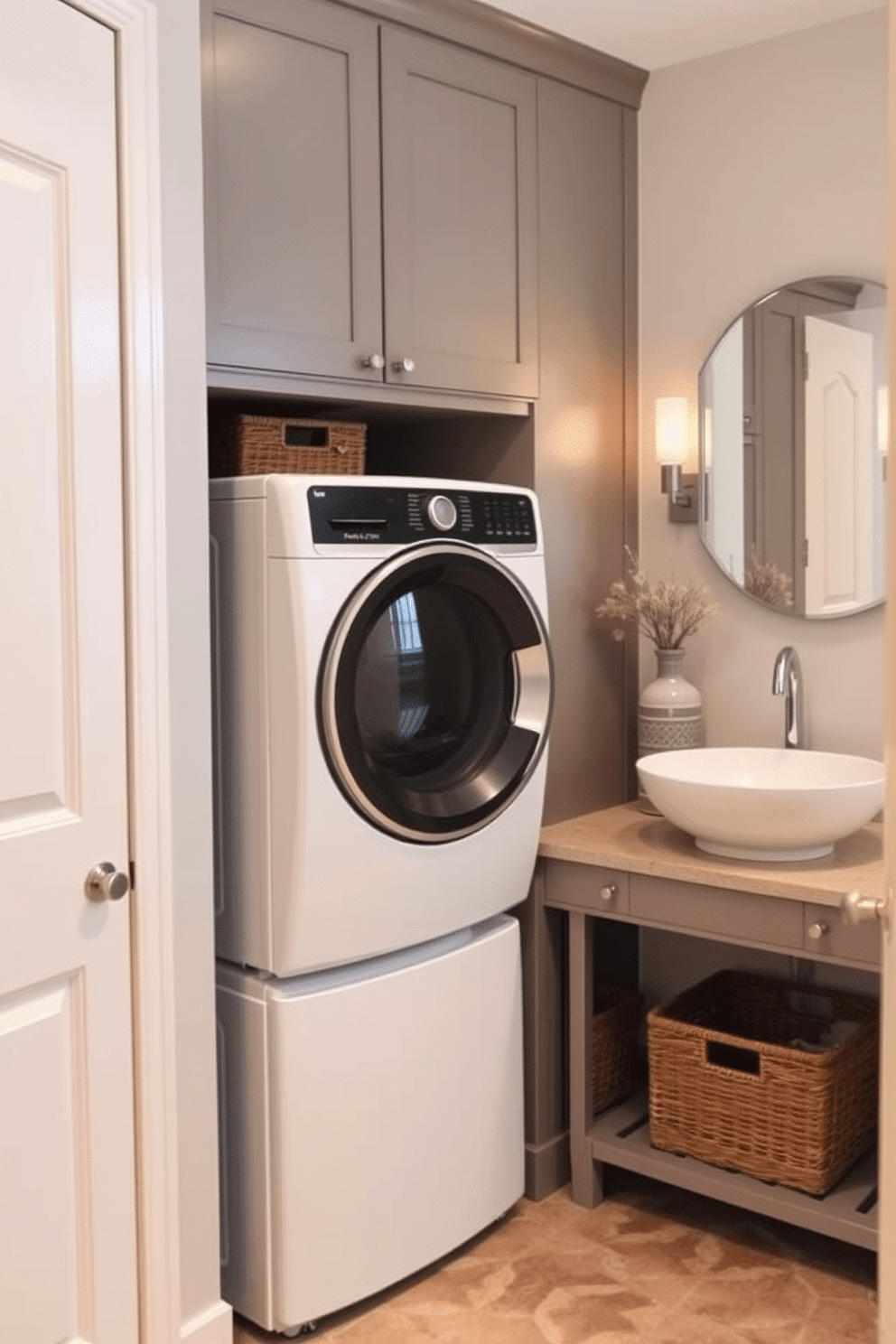 A multifunctional bathroom and laundry room combo features a sleek, modern washer and dryer stacked to the side, seamlessly integrated into cabinetry that matches the room's decor. The space includes a stylish countertop above the appliances, providing ample space for folding laundry, with decorative baskets neatly organized underneath for storage. Incorporate a chic, dual-purpose vanity with a sink that complements the overall design, surrounded by soft, ambient lighting from wall sconces. The walls are painted in a calming neutral tone, while the flooring combines durable tiles with a subtle pattern for visual interest, making the room both functional and inviting.