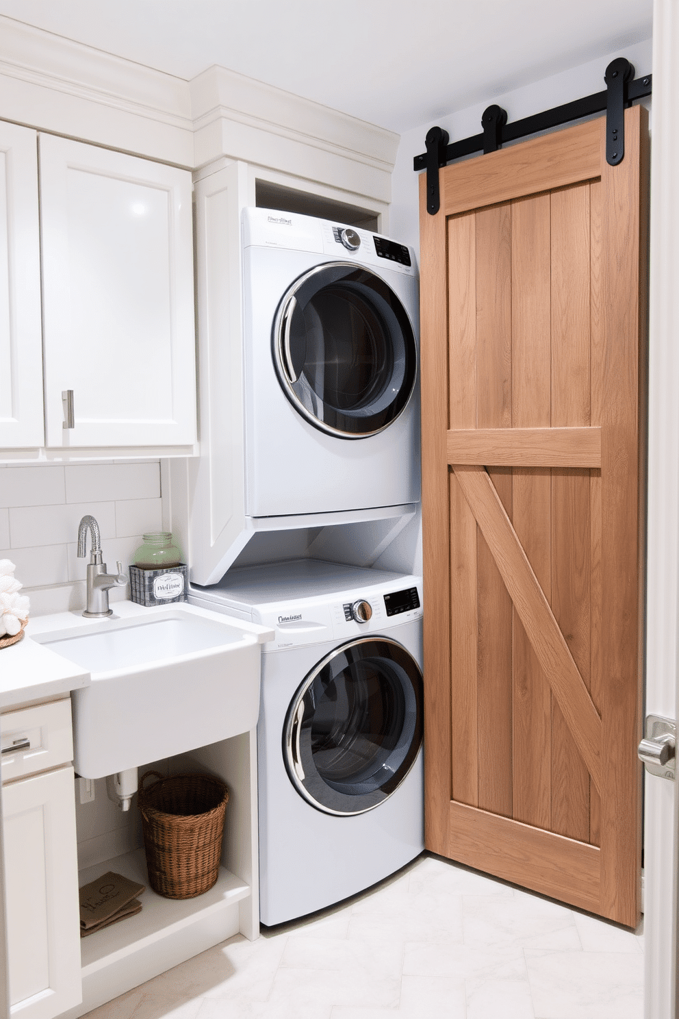 A stylish laundry room featuring a sliding barn door that adds a rustic charm to the space. The room includes a stacked washer and dryer, surrounded by custom cabinetry in a soft white finish, providing ample storage. The countertop is made of quartz, offering a sleek surface for folding clothes. A farmhouse sink sits adjacent to the appliances, complemented by brushed nickel fixtures and a decorative basket for laundry essentials.